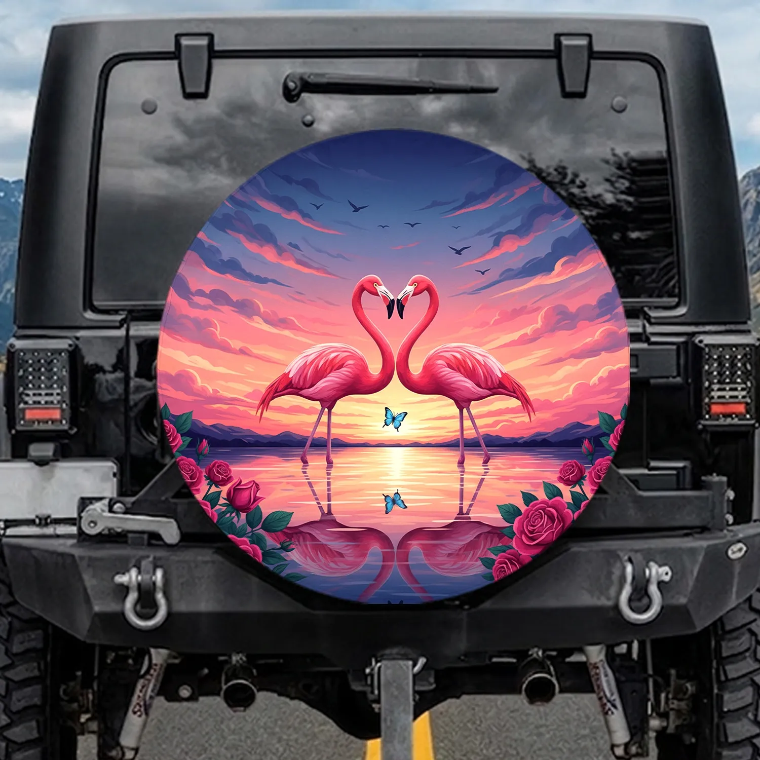 Pink Flamingos Heart Twilight Sunset Roses - Wildlife Lover Gift Spare Tire Cover - 1