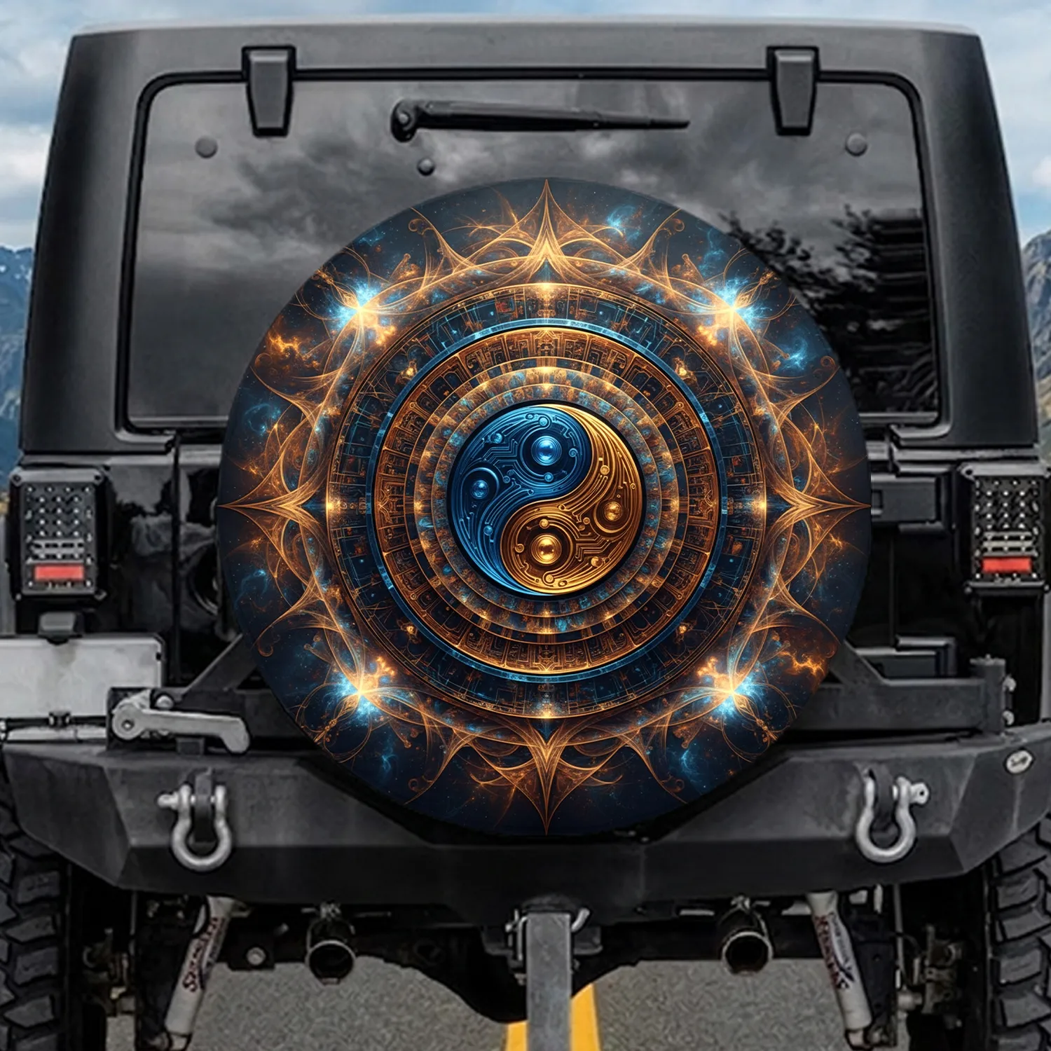 Yin Yang Iridescent Eye Metallic Gold Blue - Vehicle Decor Gift for Driver Spare Tire Cover - 1