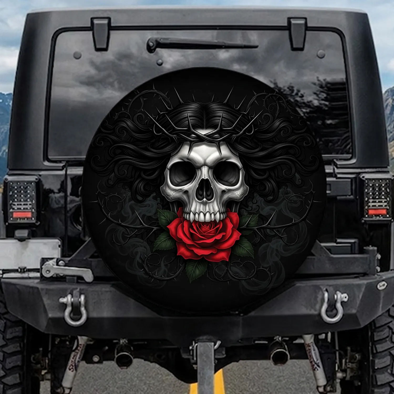 Gothic Skull Thorny Crown Red Rose - Dark Fantasy Home Decor Gift Spare Tire Cover - 1