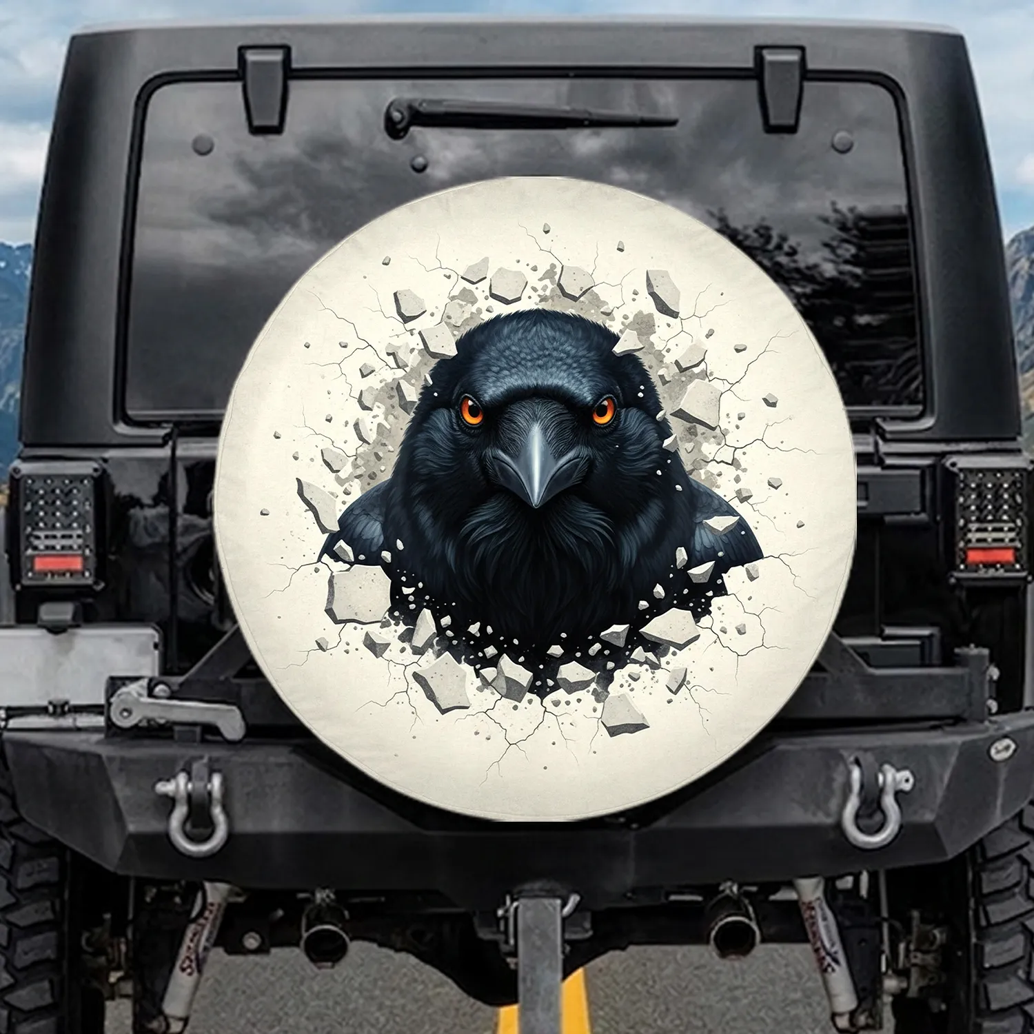 Black Crow Head Orange Eyes Shattered Concrete Broken Plaster - Wildlife Lover Gift Spare Tire Cover - 1