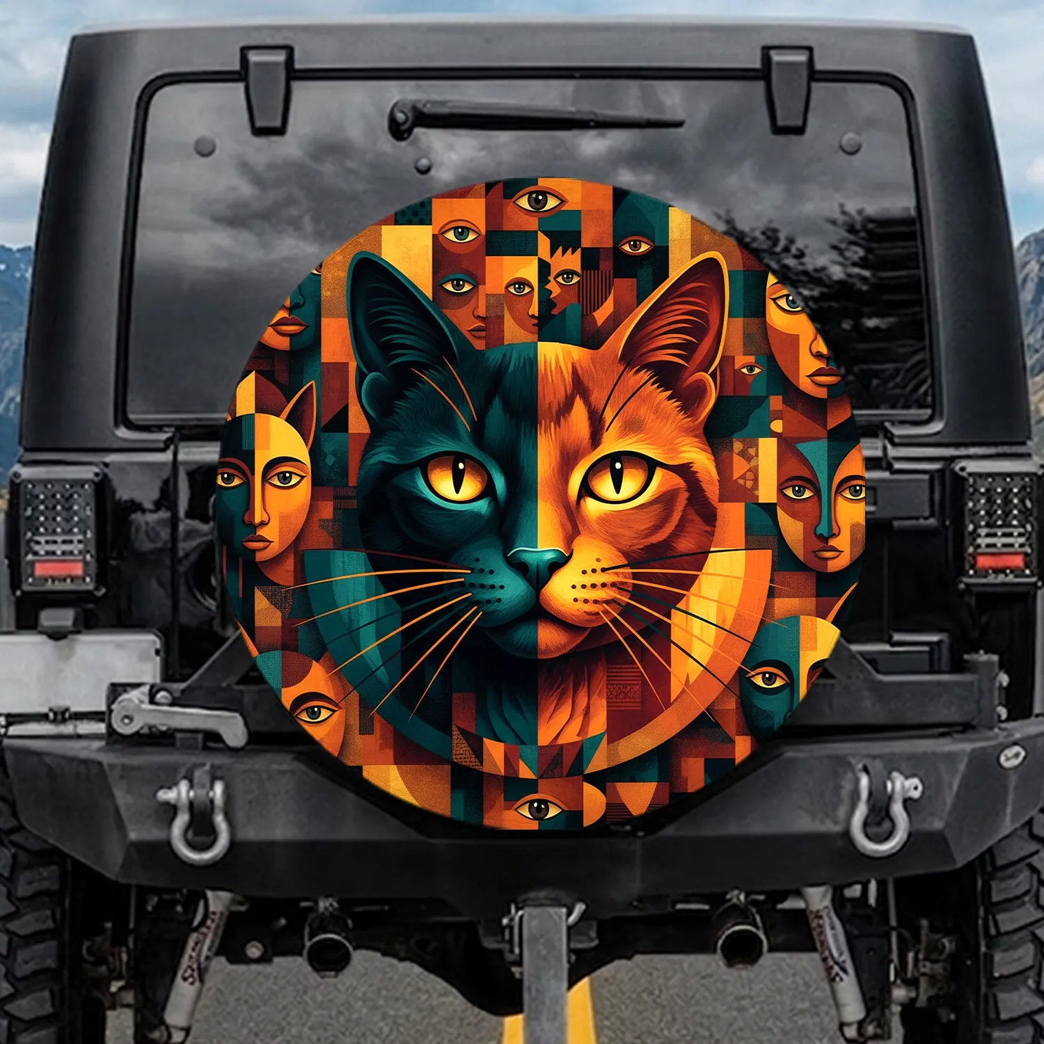 Cubist Black Cat Face Yellow Eyes Geometric Art - Car Accessory Gift for Cat Lovers Spare Tire Cover - 1
