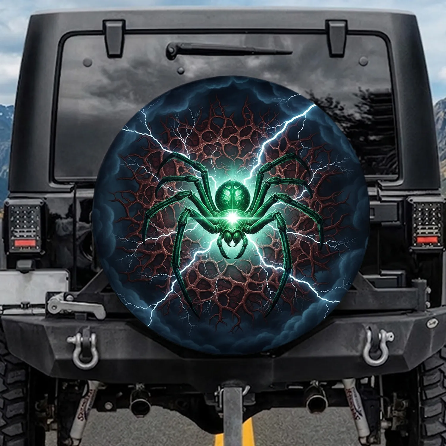 Emerald Green Spider Lightning Cracked Earth - Dark Fantasy Lover Gift Spare Tire Cover - 1