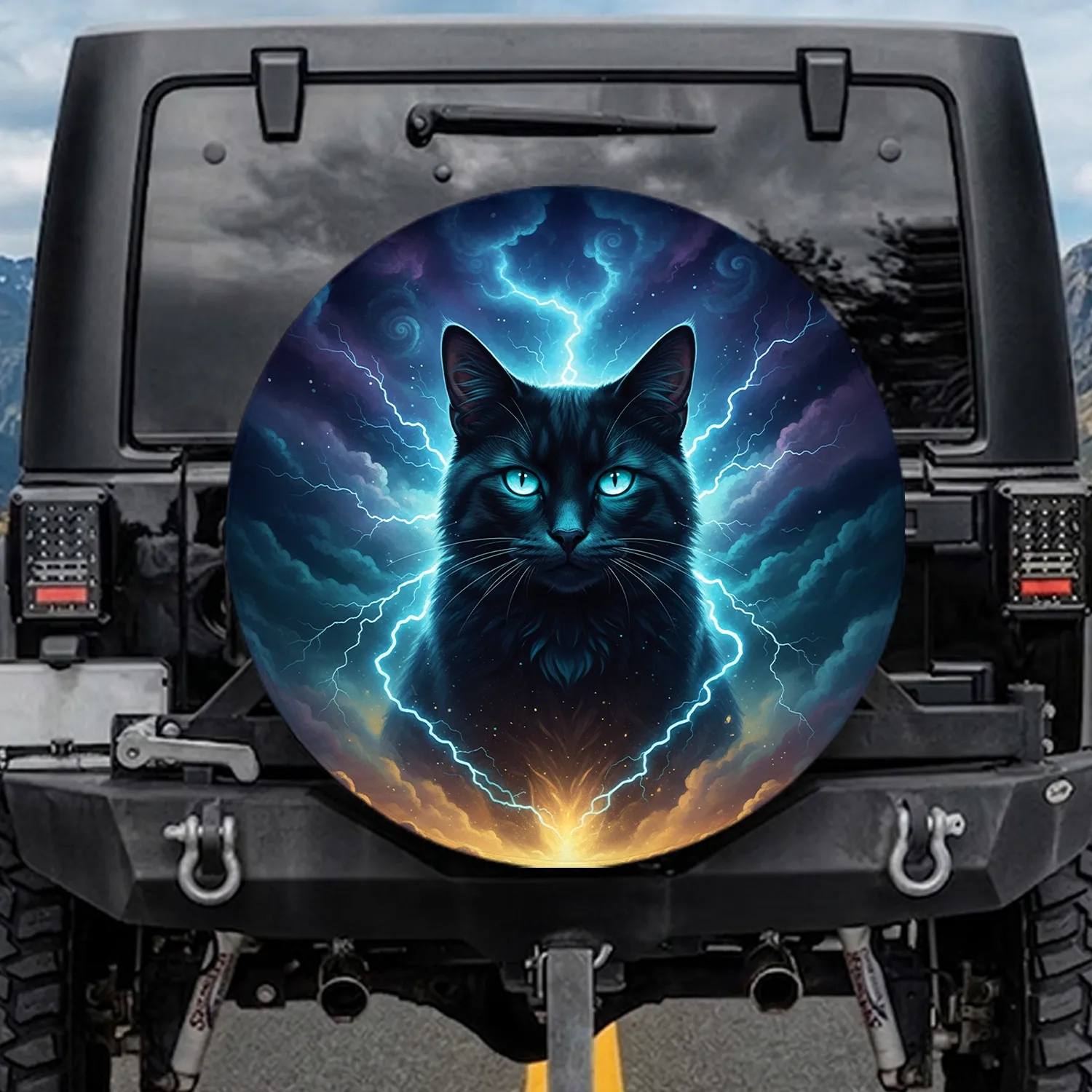 Black Cat Lightning Mist Cosmic Dust Nebula Sky - Vehicle Decor Cat Lover Gift Spare Tire Cover - 1