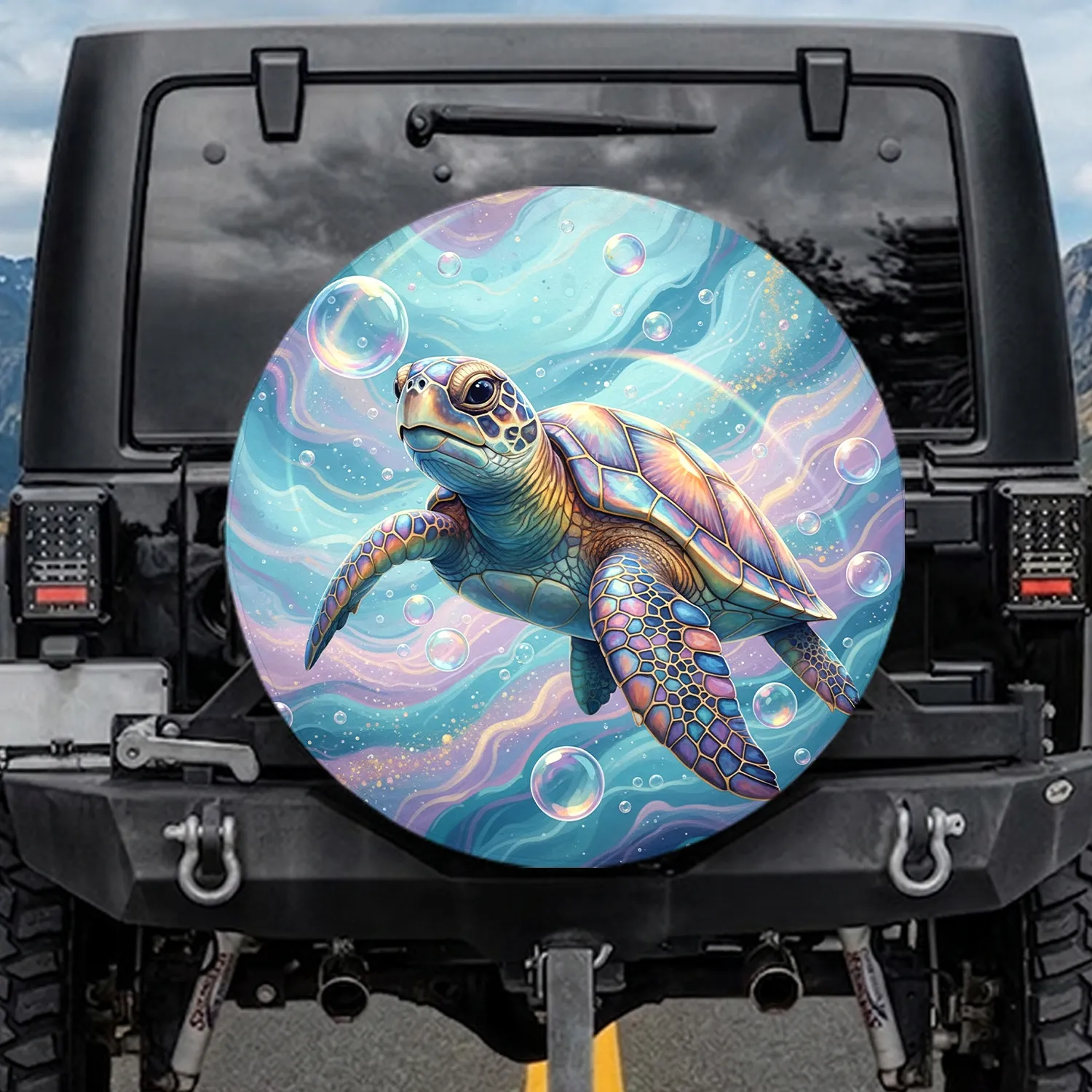 Majestic Iridescent Gem Sea Turtle Aqua Lavender Swirls - Ocean Life Decor Gift Spare Tire Cover - 1