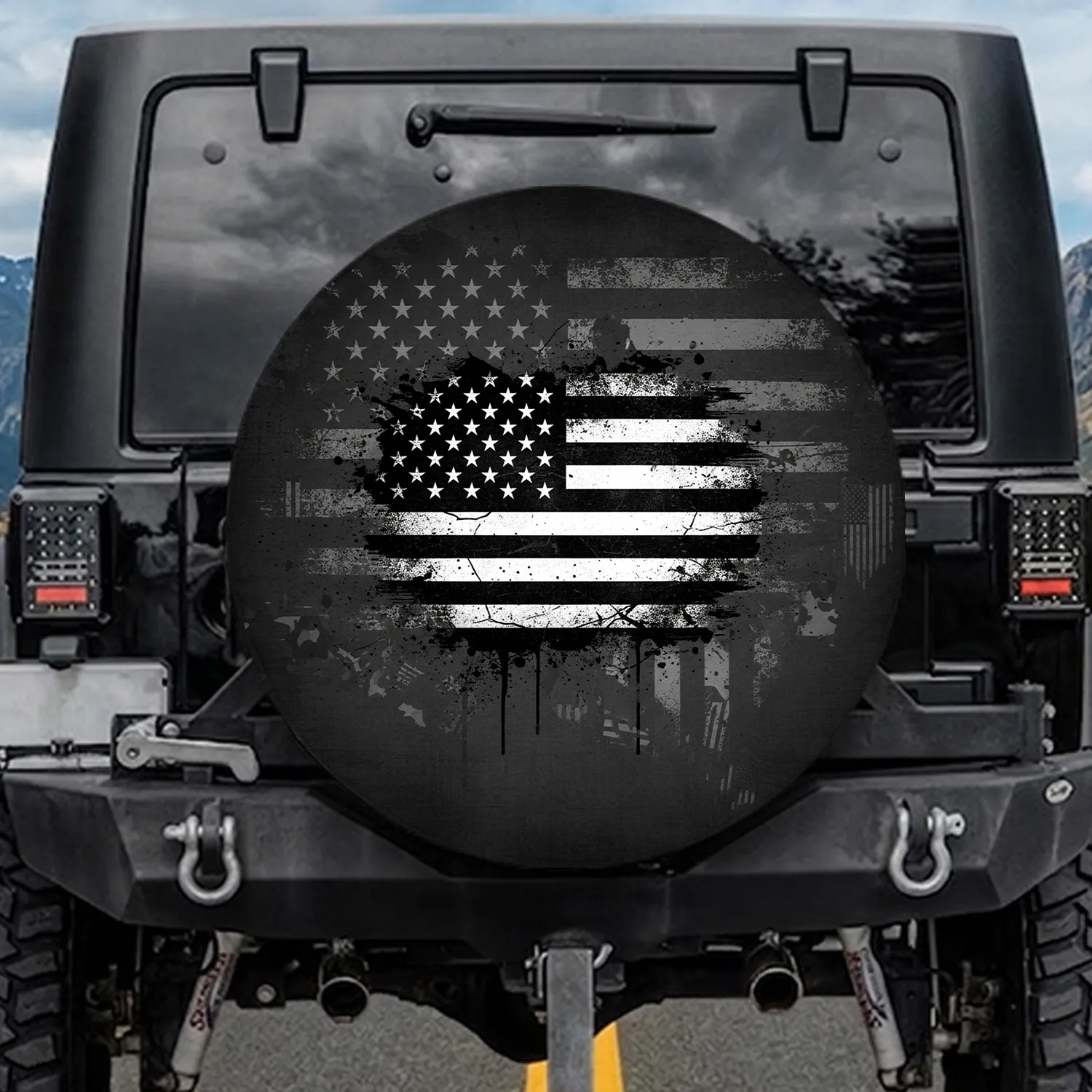 Monochrome Black White Distressed American Flag - Independence Day Gift for Veterans Spare Tire Cover - 1