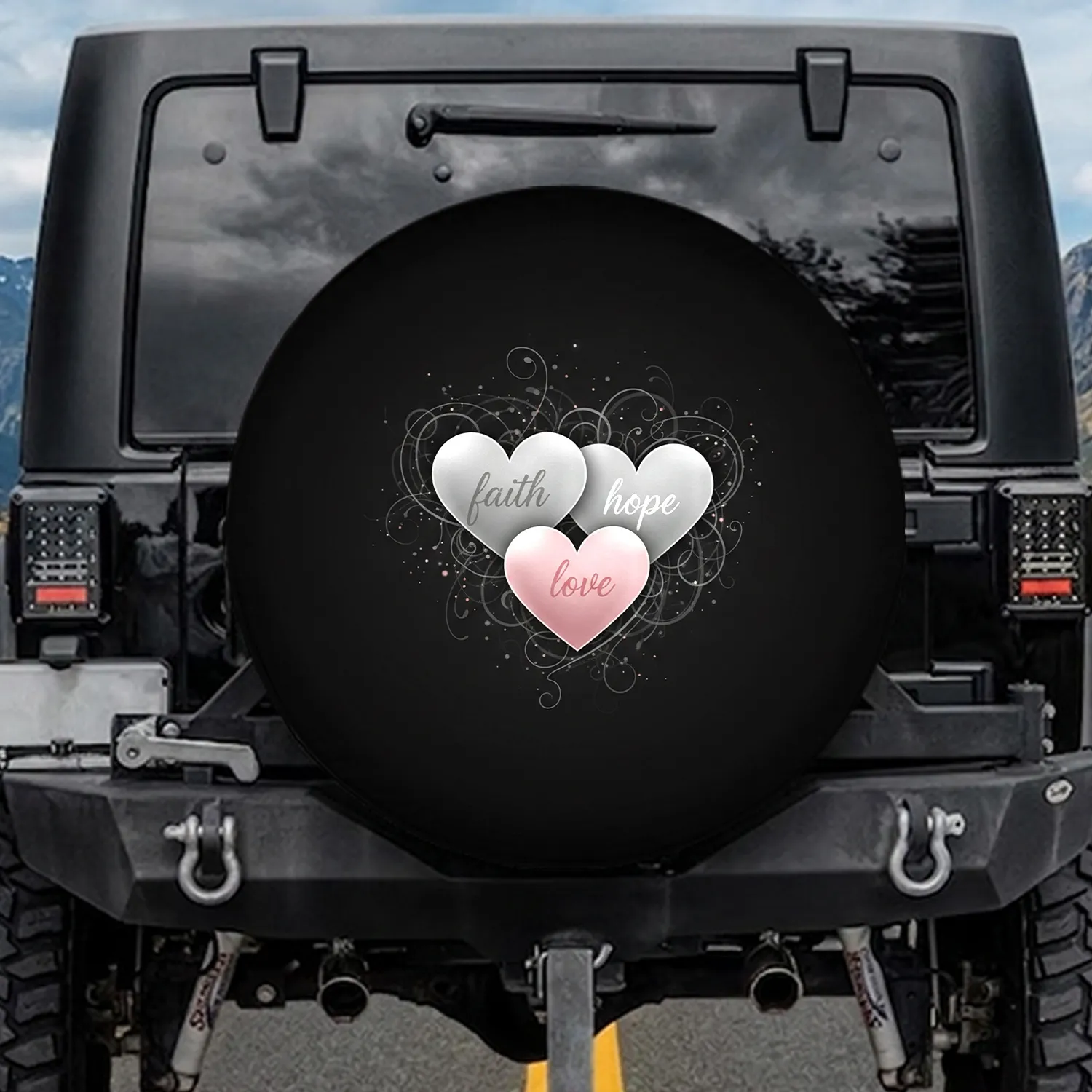 Three Intertwined Hearts Script Faith Hope Love - Meaningful Home Decor Gift for Loved Ones Spare Tire Cover - 1