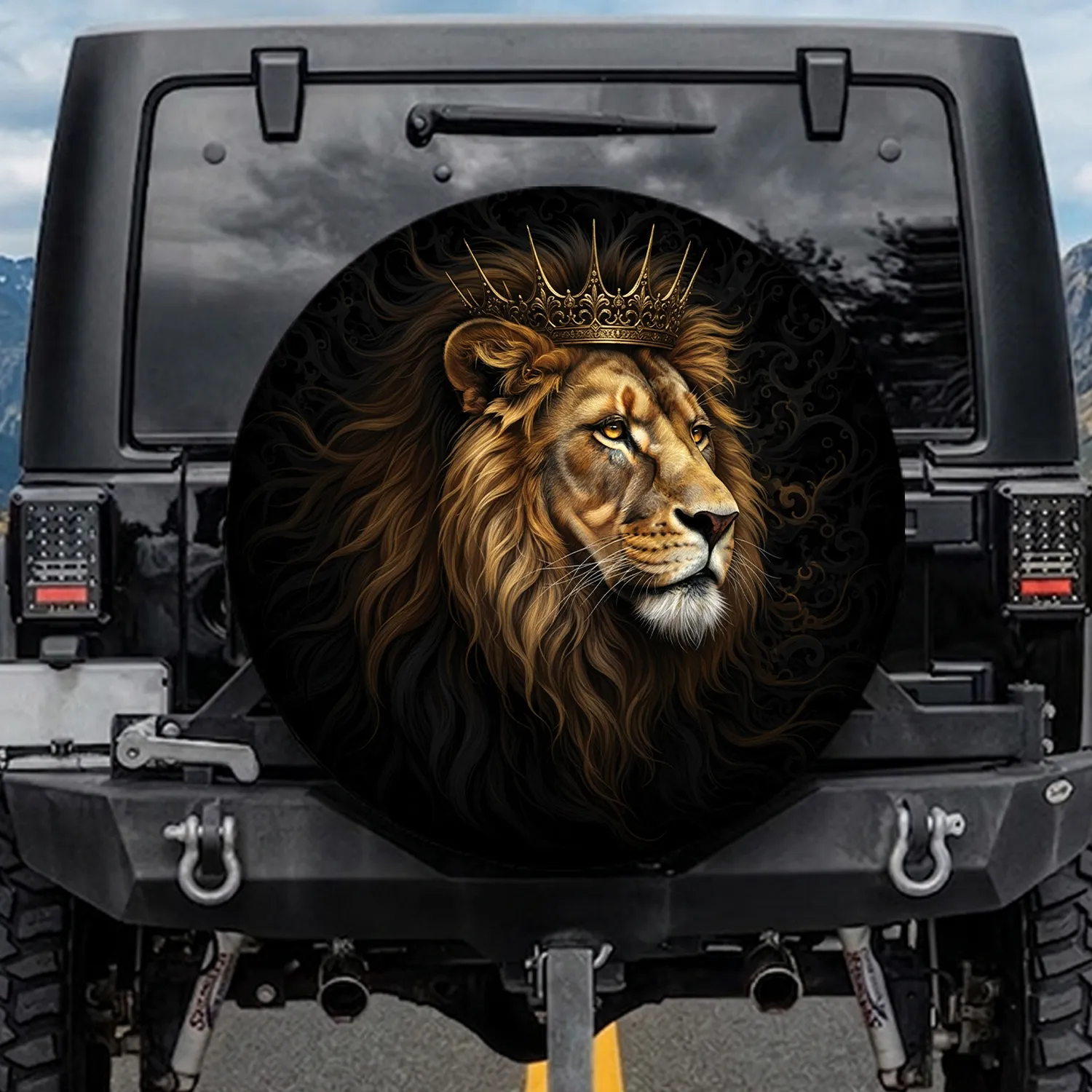 Majestic Crowned Lion Head Profile Luxurious Mane Dark Field - Wildlife Lover Gift Spare Tire Cover - 1