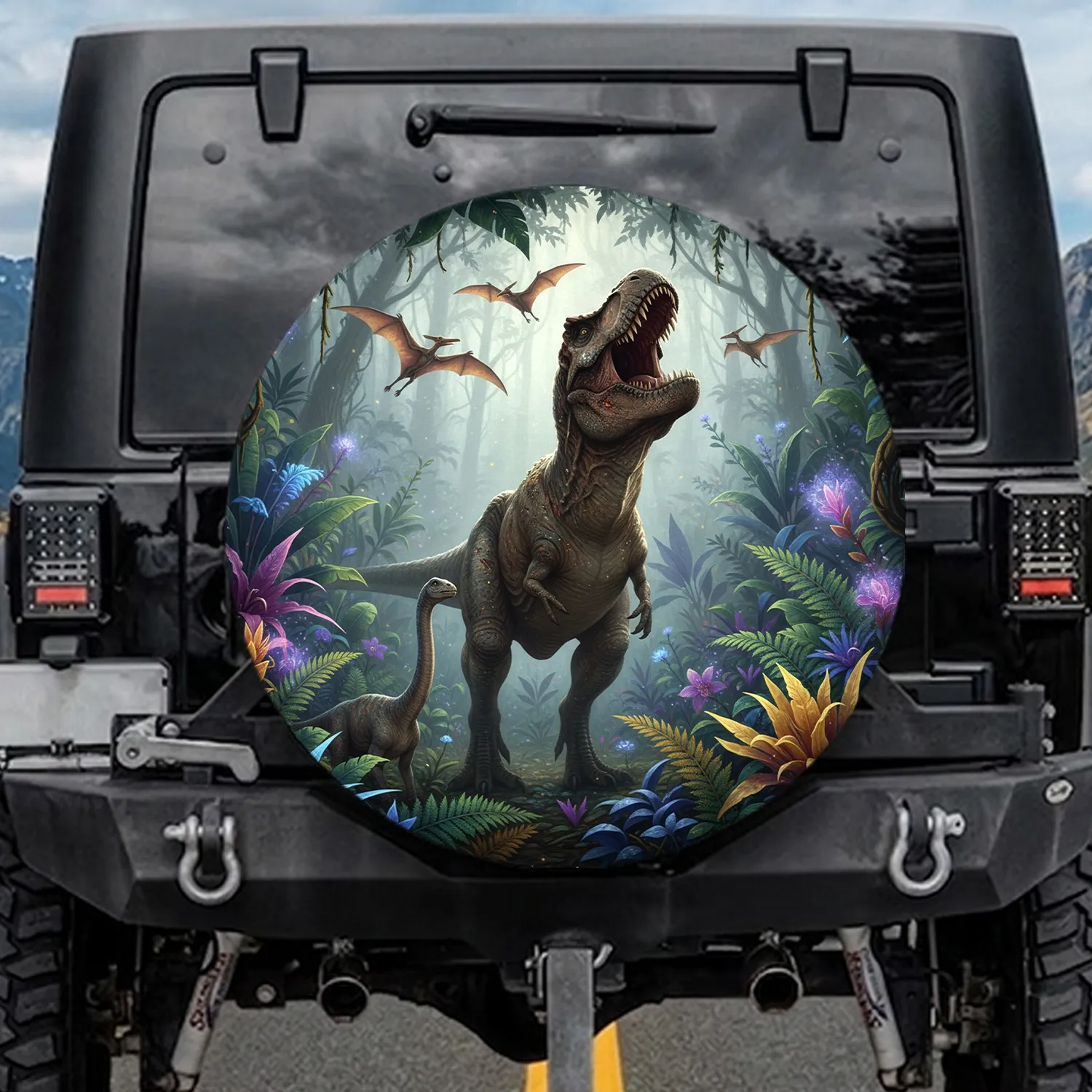 Tyrannosaurus Rex Juvenile Pterodactyls Glowing Jungle Scene - Dinosaur Fan Gift Spare Tire Cover - 1