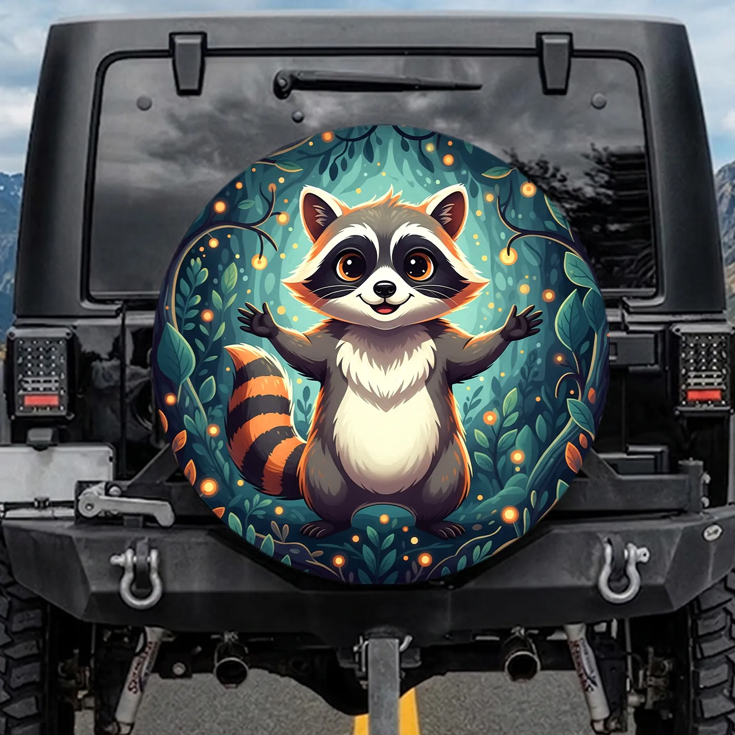 Friendly Cartoon Raccoon Forest Night Moonlight - Wildlife Lover Gift for Raccoon Lover Spare Tire Cover - 1