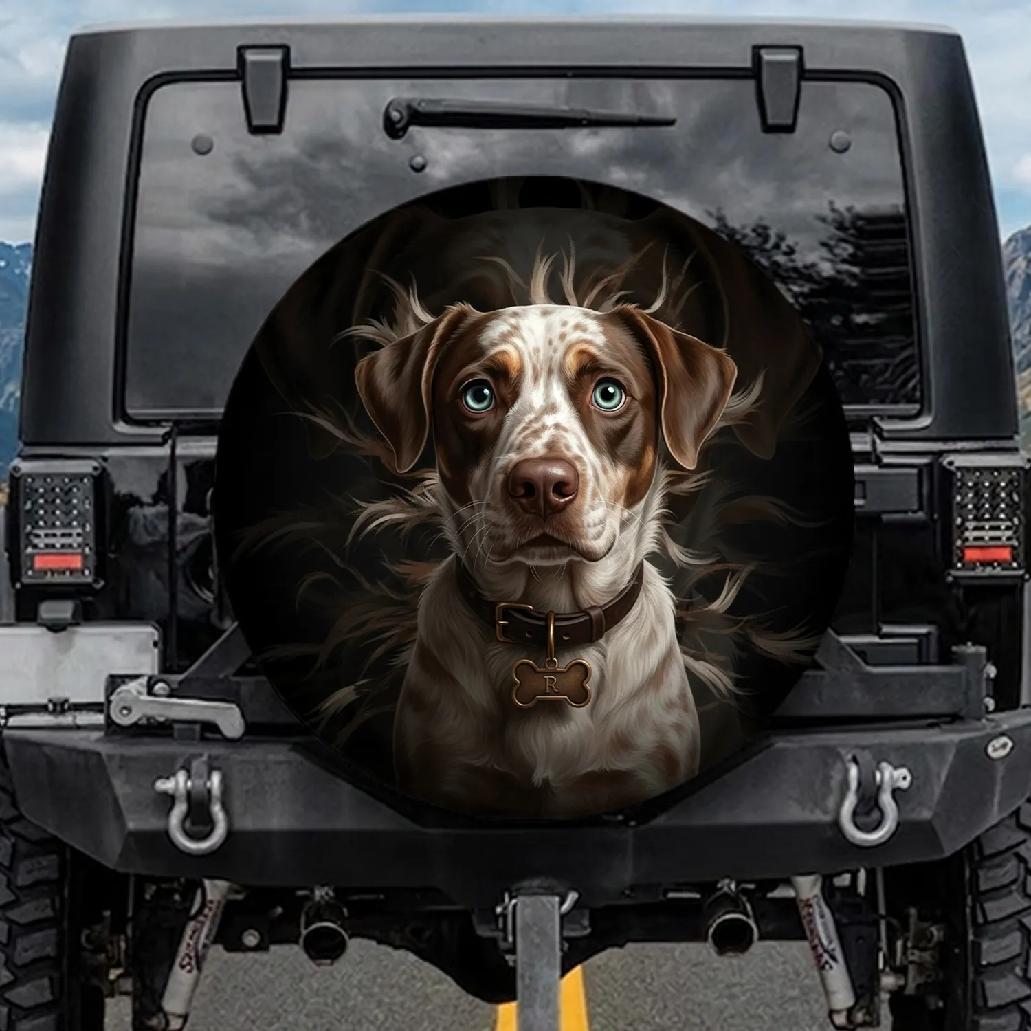 Brown Spotted Dog Portrait Expressive Blue-Green Eyes - Dog Lover Gift Spare Tire Cover - 1