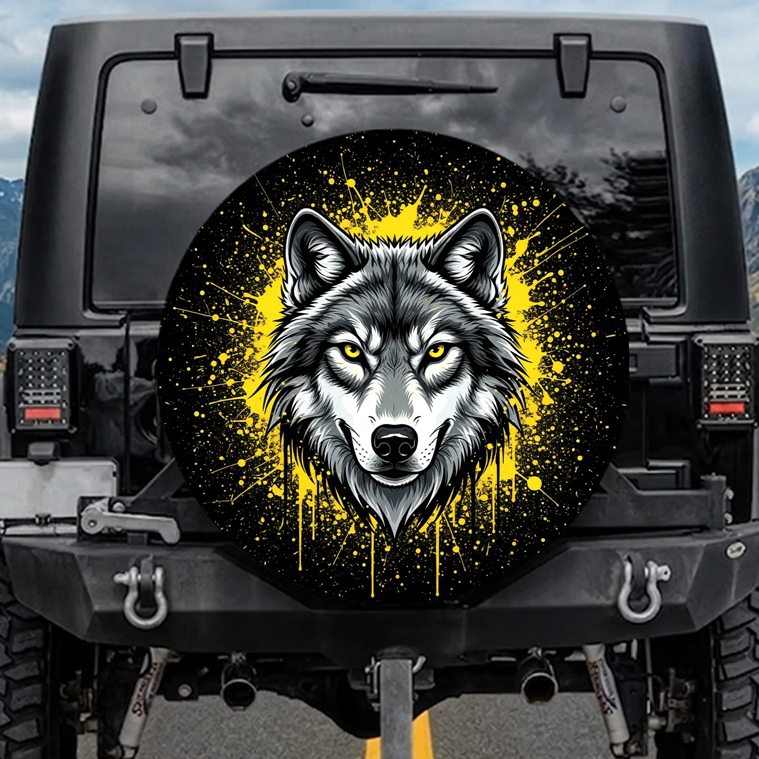 Fierce Forward Facing Wolf Head with Yellow Splatter - Off-Road Adventure Enthusiast Gift Spare Tire Cover - 1