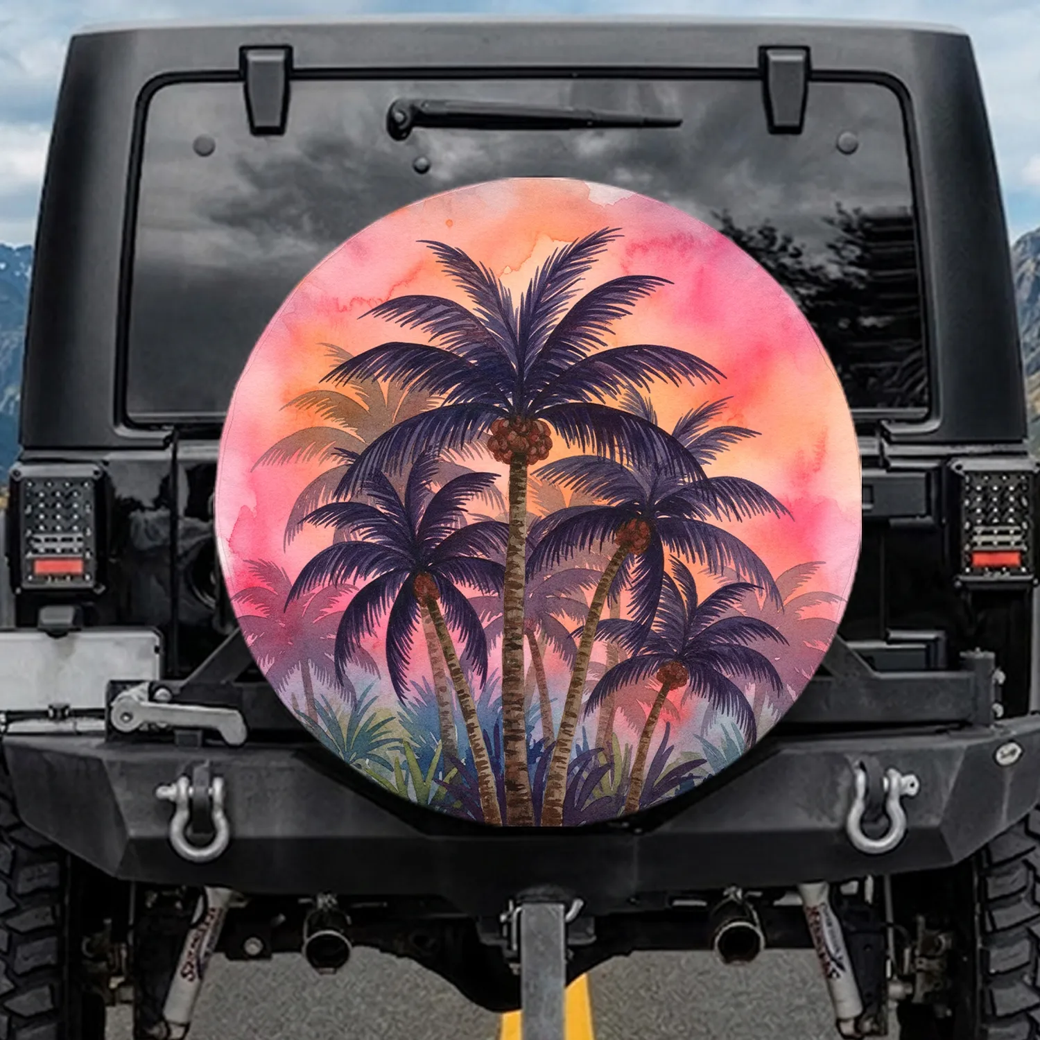 Tropical Palm Trees Coral Magenta Sunset Sky - Outdoors Adventure Gift Spare Tire Cover - 1