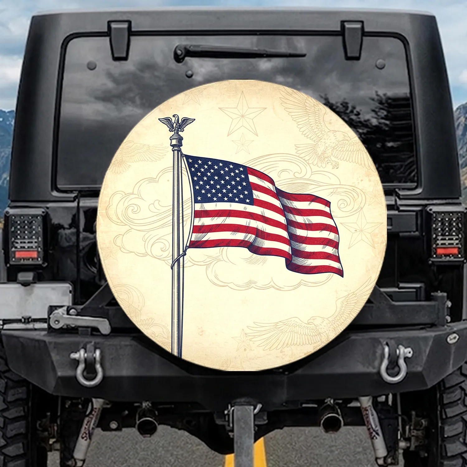 Waving American Flag Aged Parchment Bald Eagle Independence Day Gift for Veterans Spare Tire Cover - 1