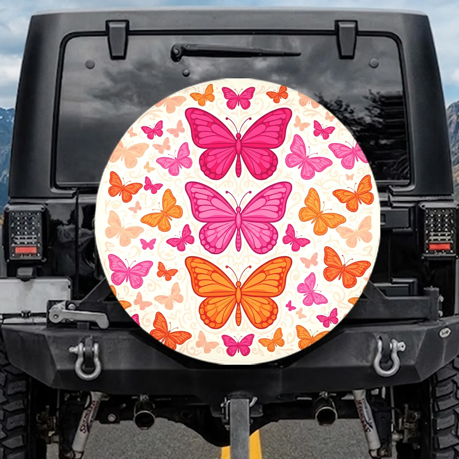 Fuchsia Pink Orange Butterflies Floral Boho Lifestyle - Butterfly Lover Gift Spare Tire Cover - 1