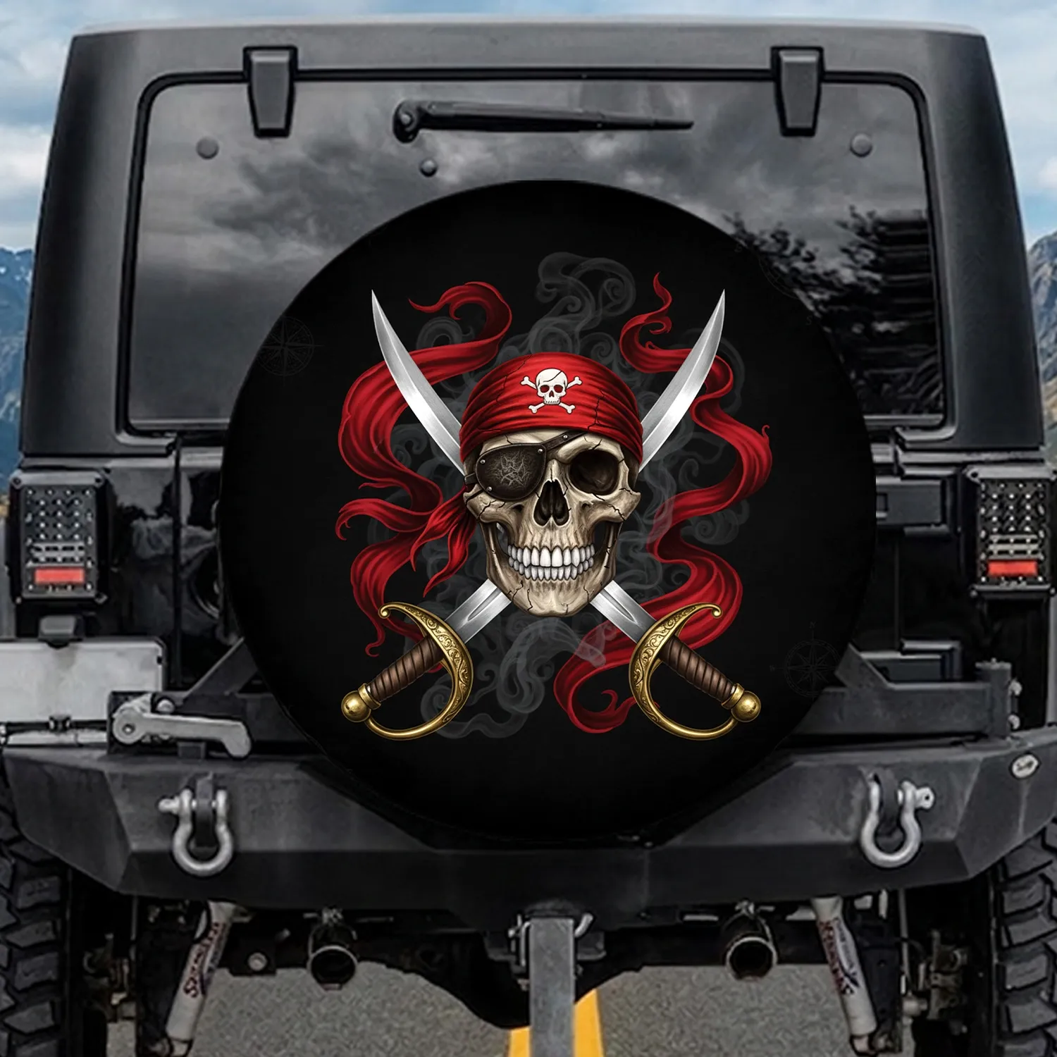 Red Bandana Pirate Skull Cutlass Compass Rose - Adventurer Travel Gift for Pirate Lover Spare Tire Cover - 1