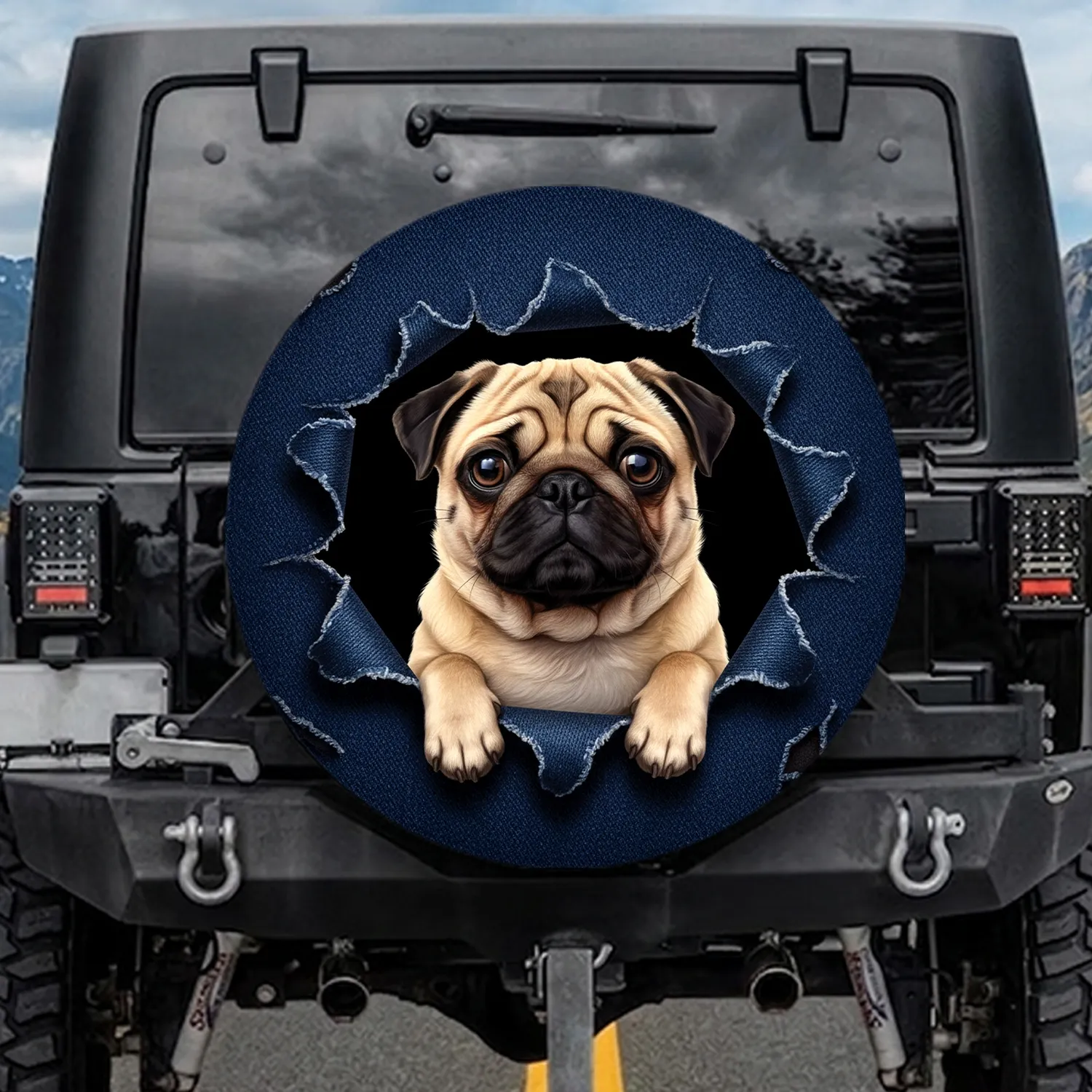 Fawn Pug Expressive Eyes Wrinkled Face Torn Denim Fabric Rips - Dog Lover Home Decor Gift Spare Tire Cover - 1