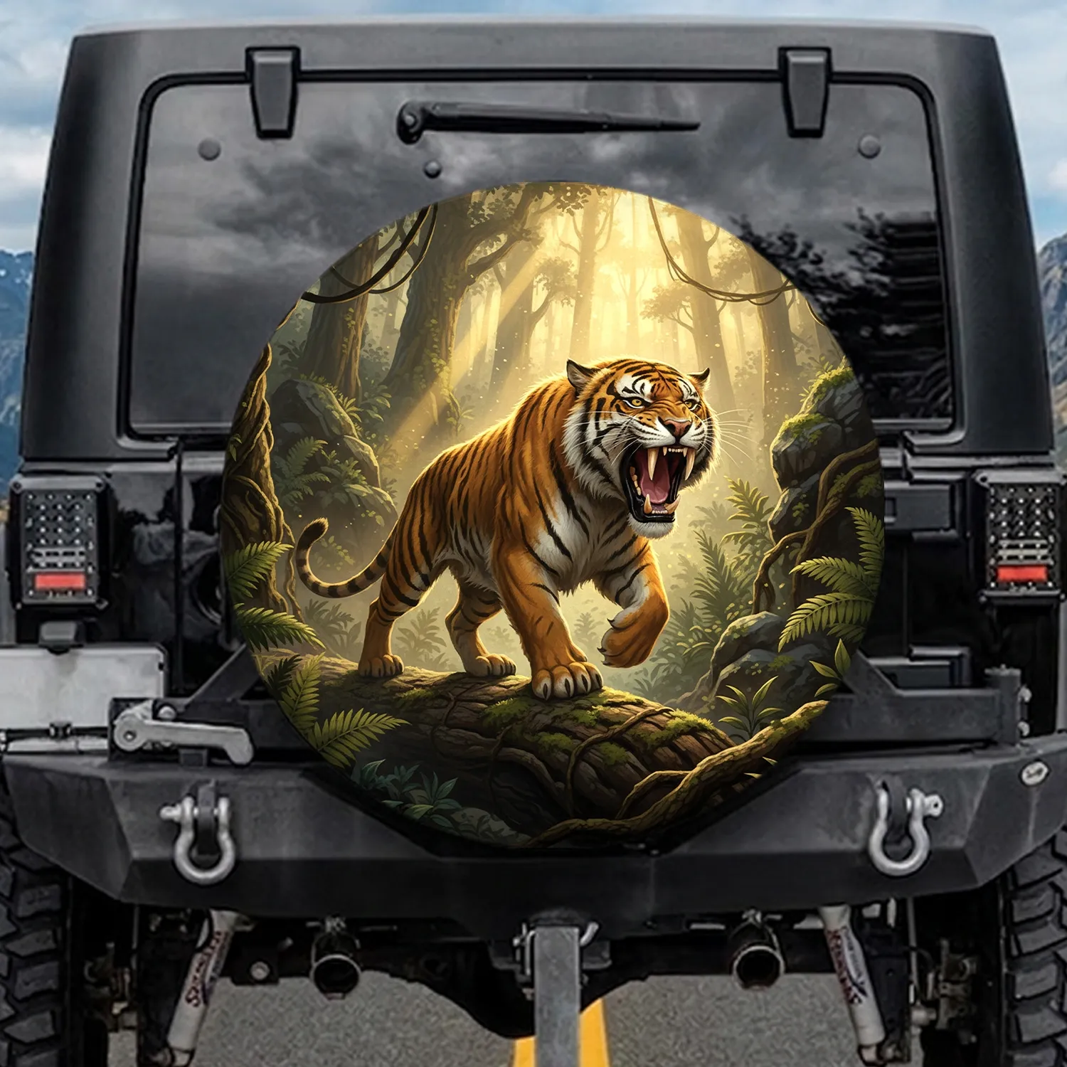 Majestic Roaring Sabertooth Tiger Lush Prehistoric Jungle - Wildlife Lover Gift Spare Tire Cover - 1