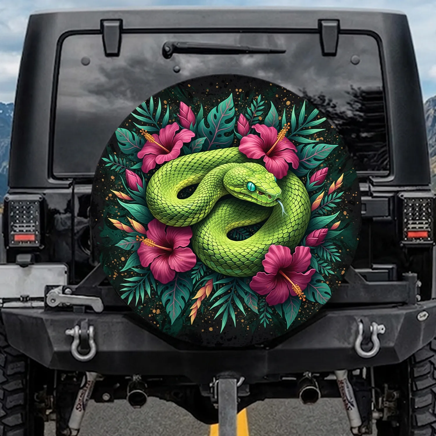 Lime Green Snake Tropical Hibiscus Floral - Outdoor Decor Gift for Wildlife Lovers Spare Tire Cover - 1