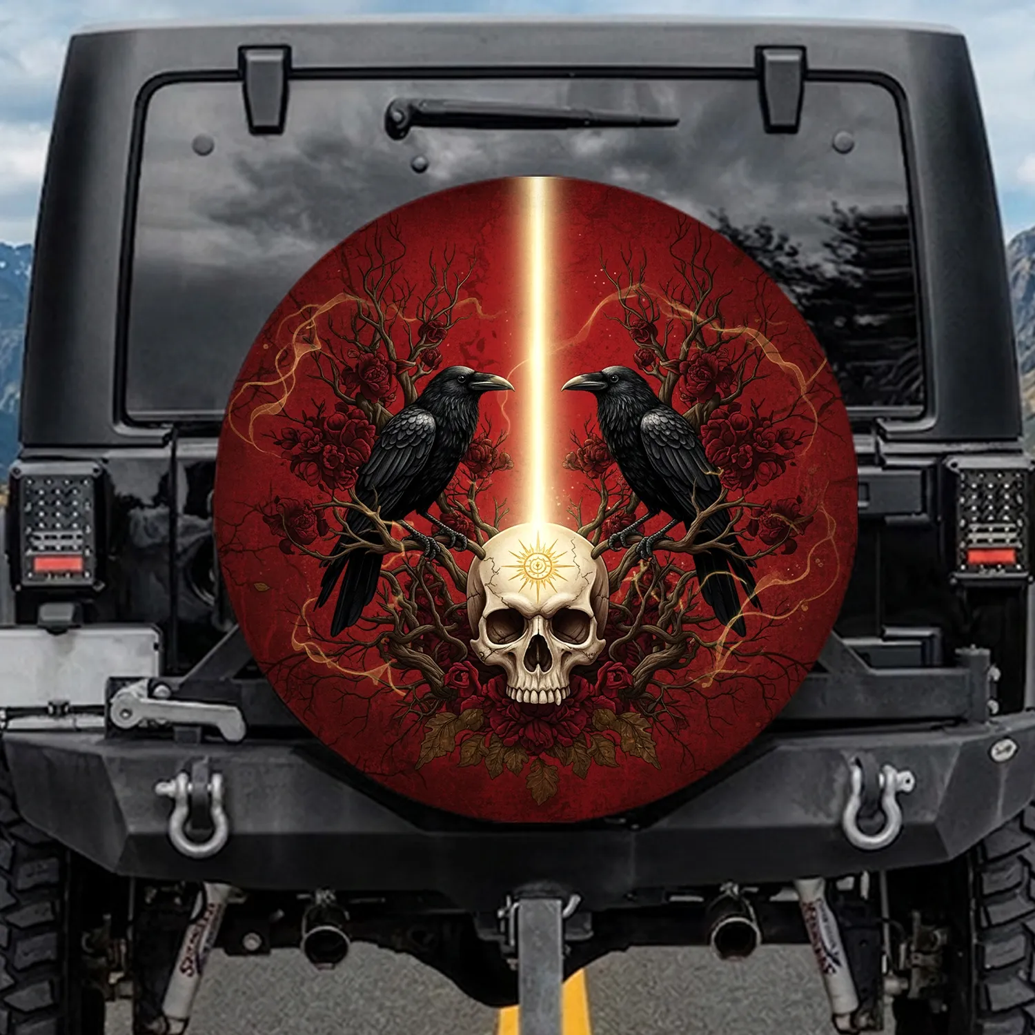 Realistic Skull Sunburst Ravens Skeletal Branches - Gothic Home Decor Gift Spare Tire Cover - 1