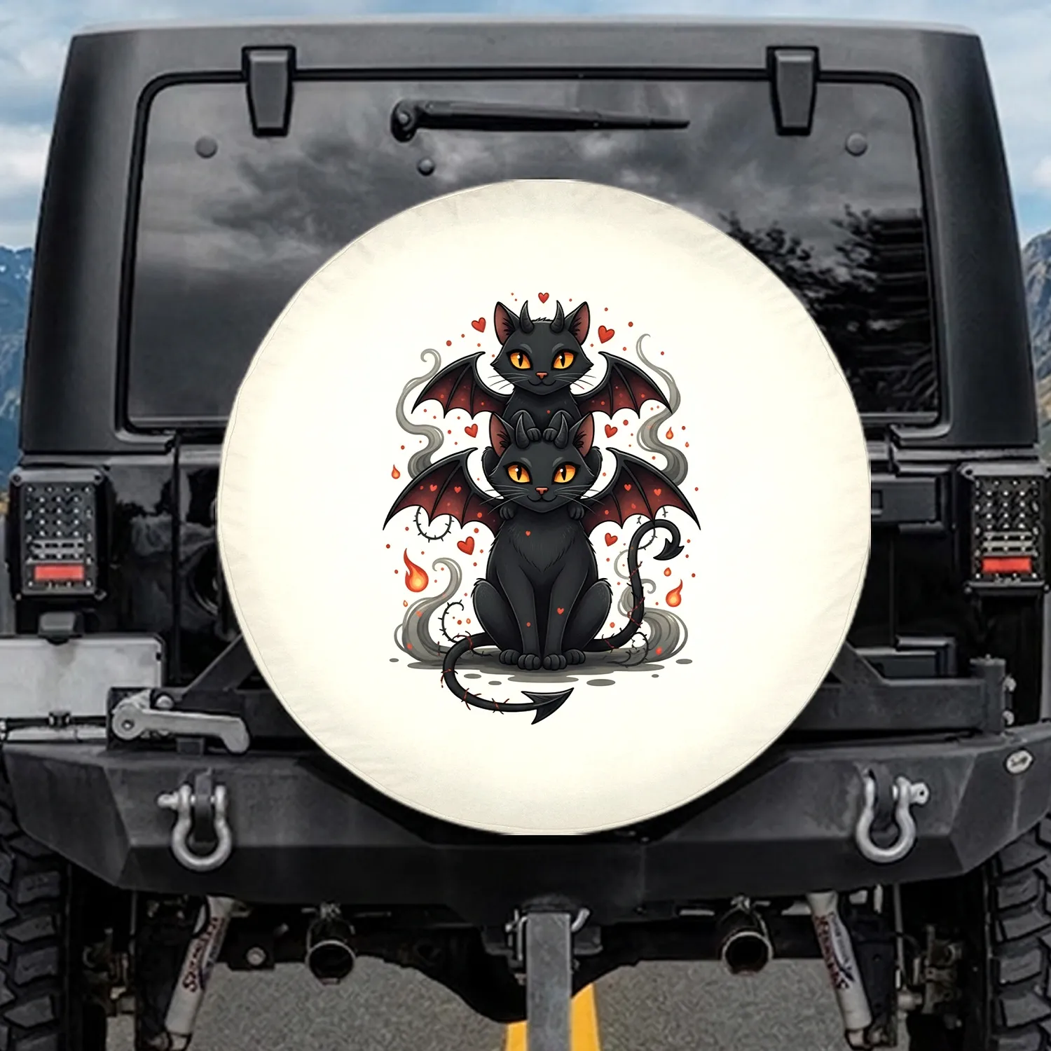 Black Devil Cats Red Hearts Thorns Moon Stars - Mystical Spooky Cat Lover Gift Spare Tire Cover - 1