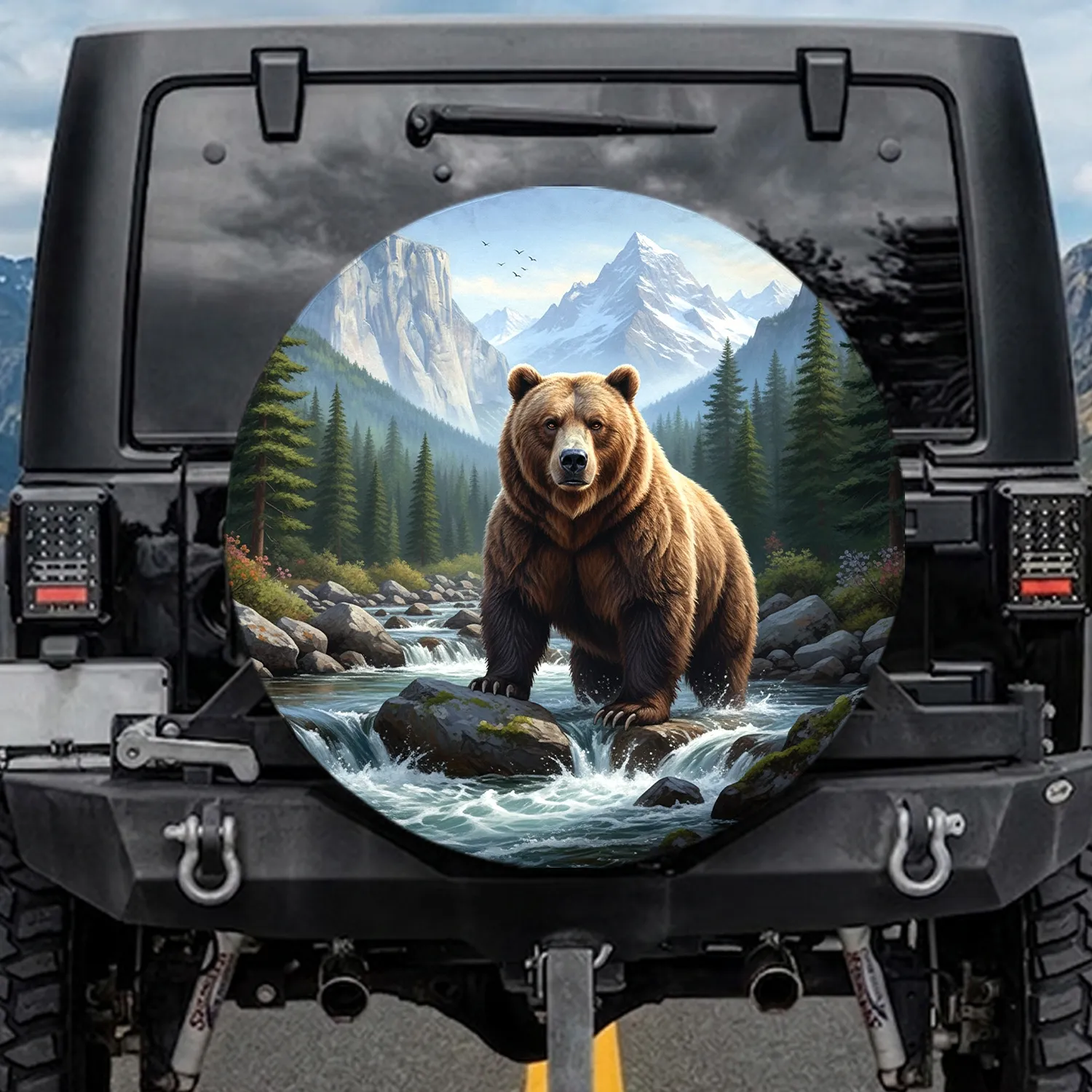 Majestic Grizzly Bear Mountain Scene - Wildlife Lover Gift Spare Tire Cover - 1