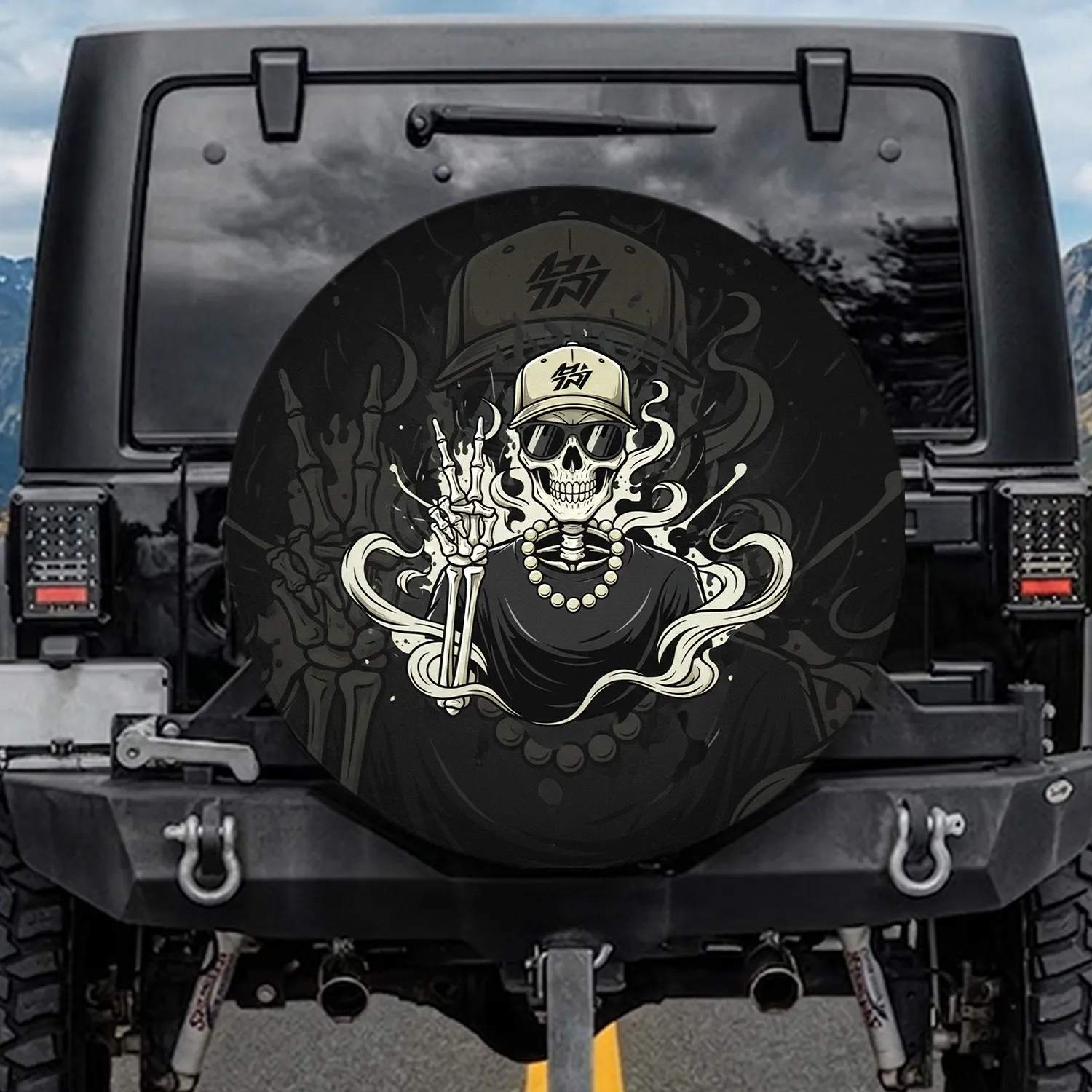 Skeleton Peace Sign Dark Sunglasses Backward Cap - Everyday Ride Style Spare Tire Cover - 1