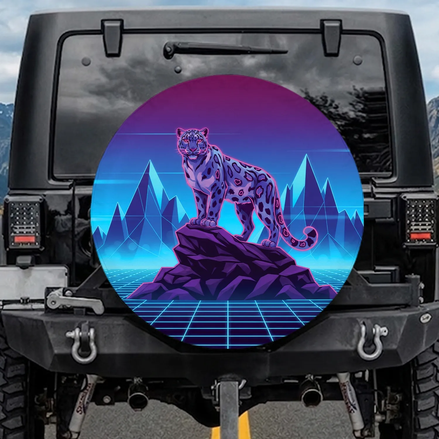 Snow Leopard Synthwave Retro-futuristic Polygonal Mountain Wireframe - Wildlife Lover Gift Spare Tire Cover - 1