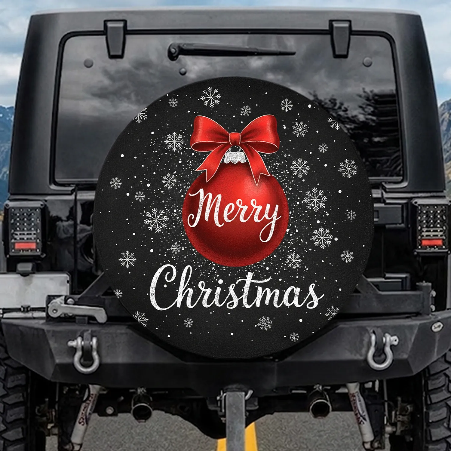 Red Christmas Ornament Merry Christmas Snowflakes - Christmas Gift Spare Tire Cover - 1