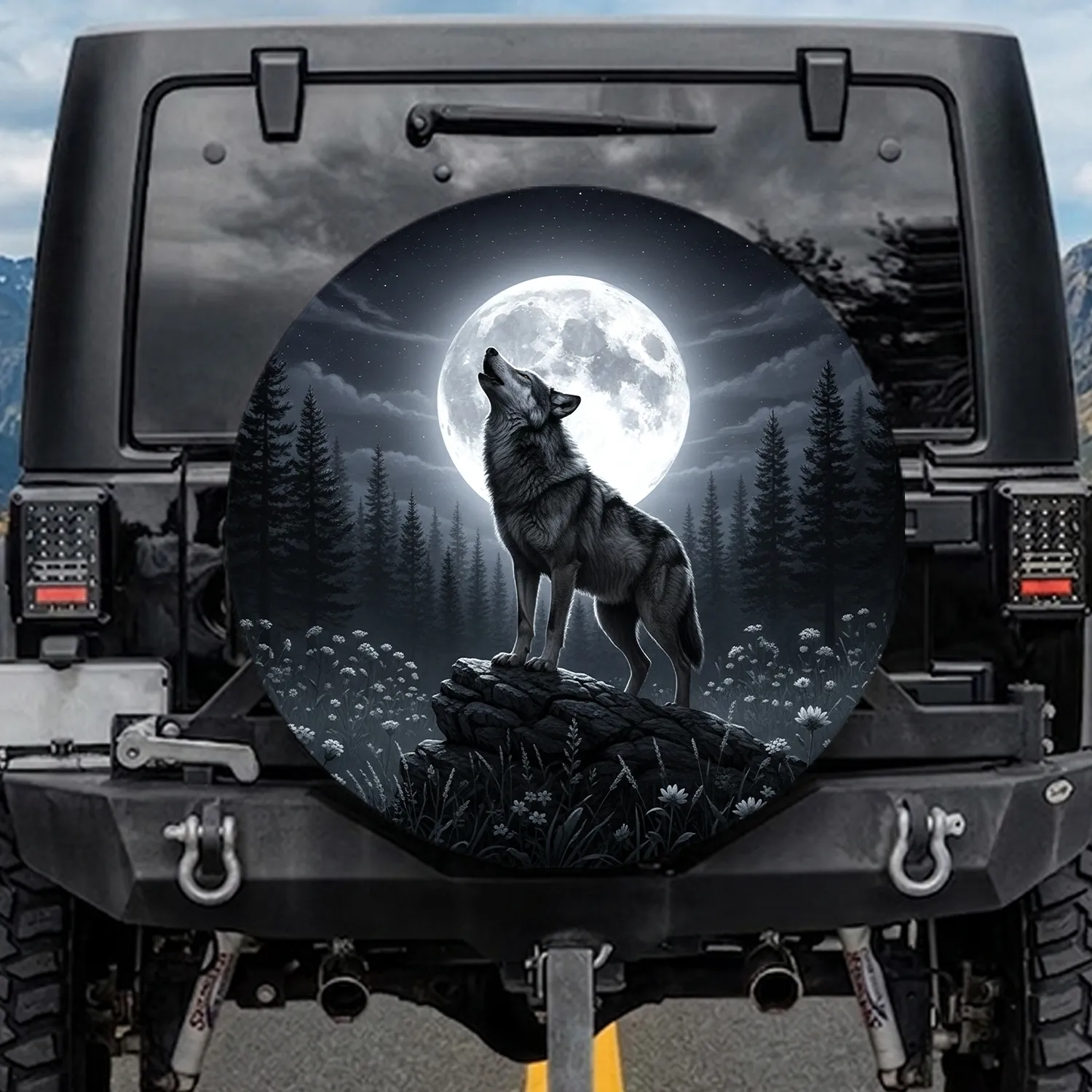 Gray Wolf Howling Rock Pine Trees - Full Moon Night Sky Wilderness Wildlife Lover Gift Spare Tire Cover - 1