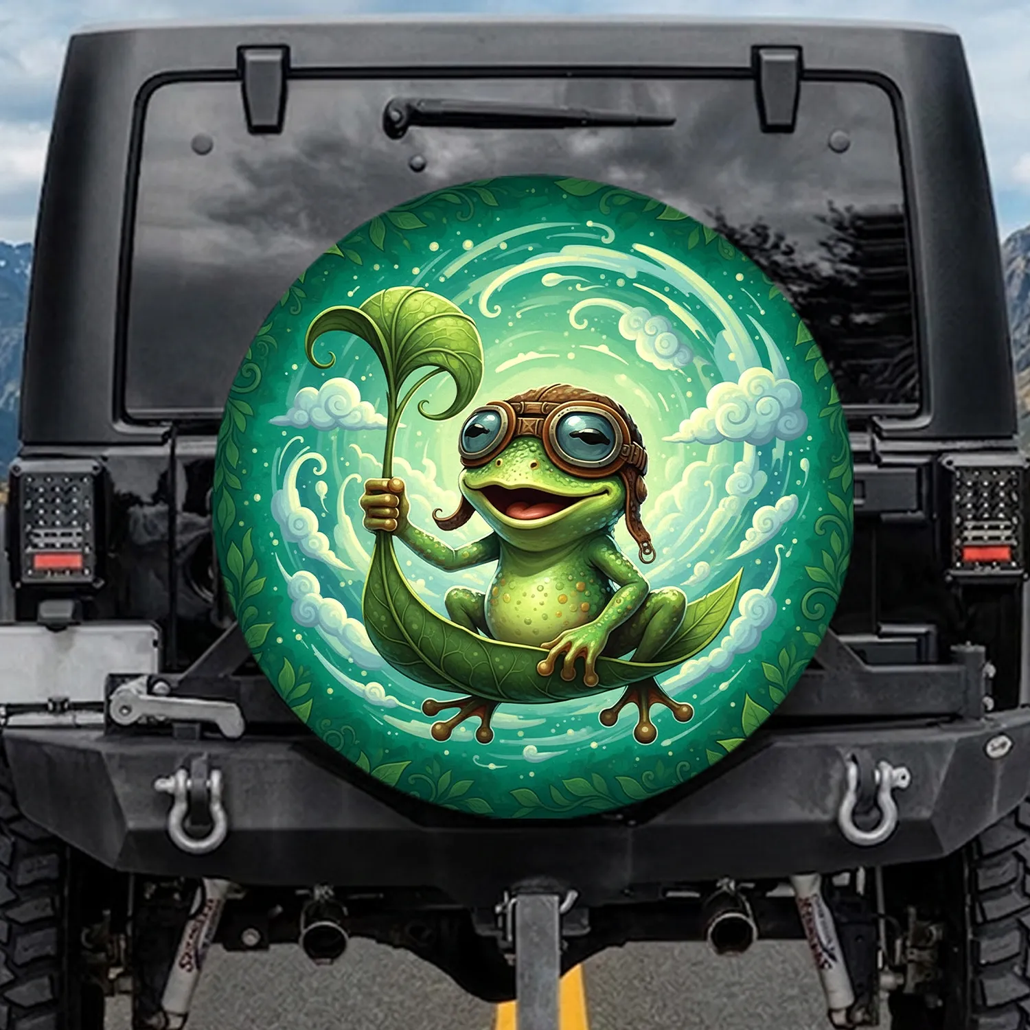Cartoon Frog Aviator Goggles Green Leaf Soaring - Outdoor Adventure Gift for Wildlife Lover Spare Tire Cover - 1