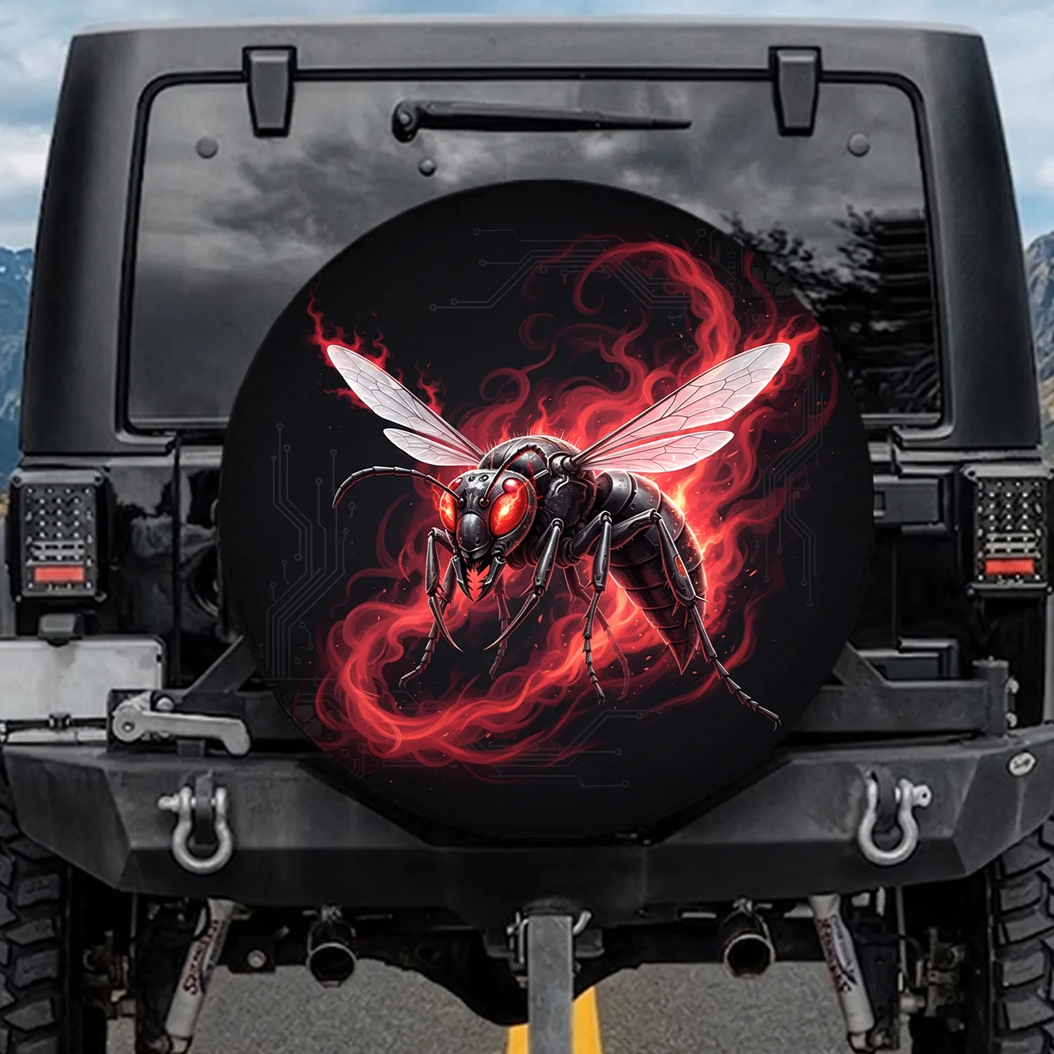 Mechanical Wasp Fiery Smoke Industrial Tech - Sci-Fi Home Decor Gift for Gamer Spare Tire Cover - 1