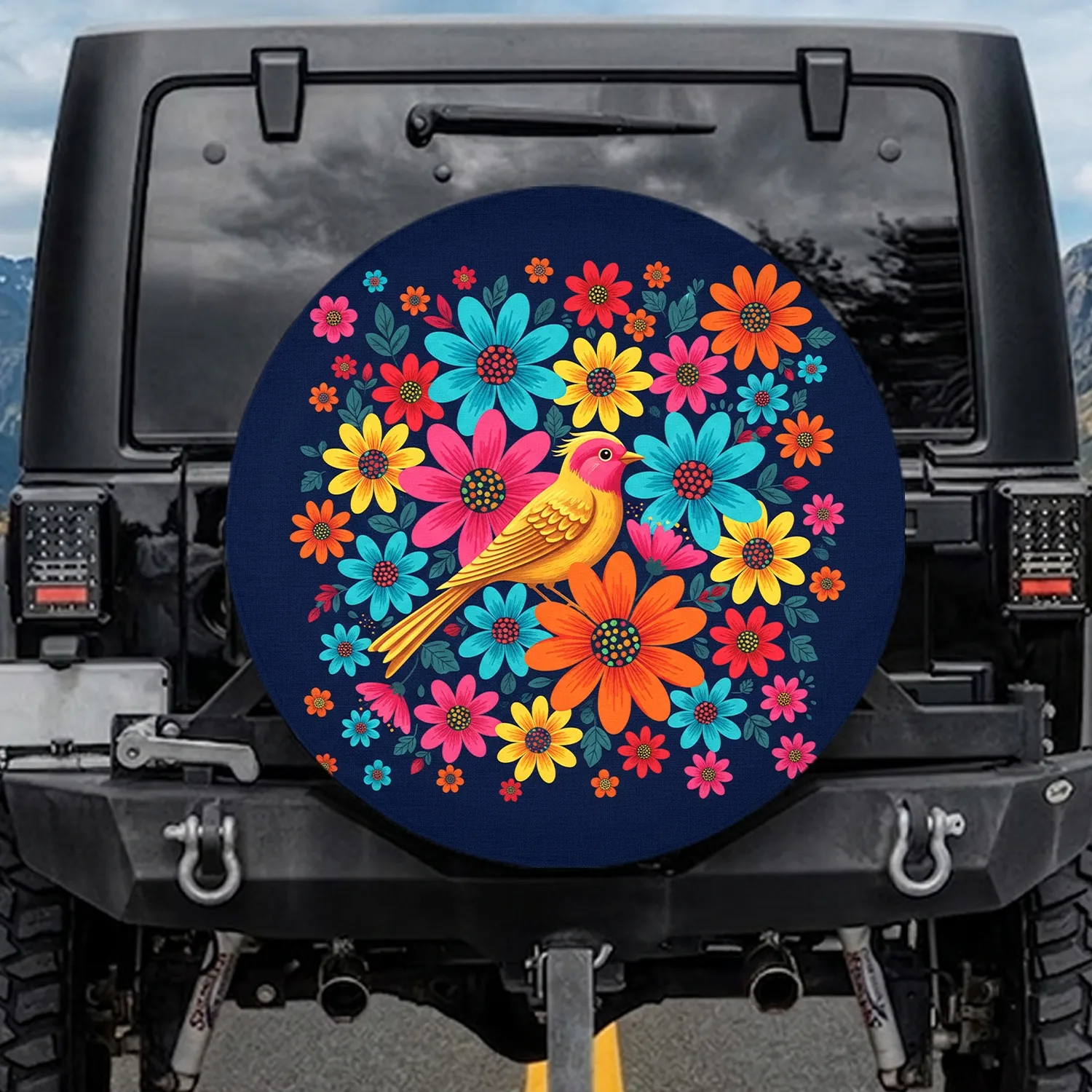 Daisy Flowers Golden Bird Floral Arrangement - Nature Lover Road Trip Gift Spare Tire Cover - 1