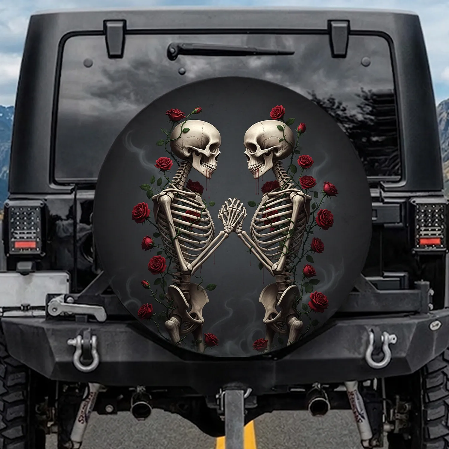 Gothic Skeleton Couple Red Roses Clasped Hands - Eternal Bond Love Story Gift Spare Tire Cover - 1