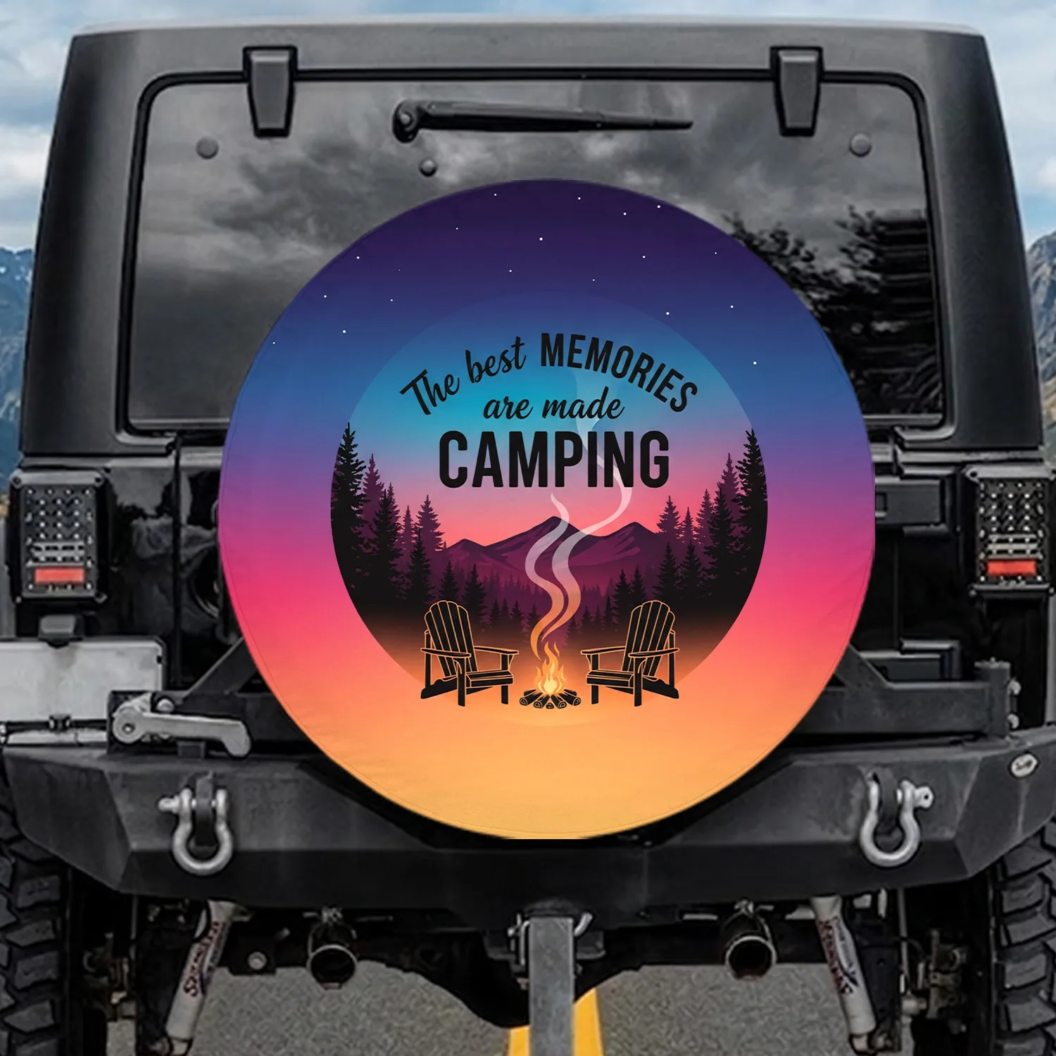Campfire Adirondack Chairs Pine Trees Twilight Sky - Camping Lifestyle Gift for Campers Spare Tire Cover - 1
