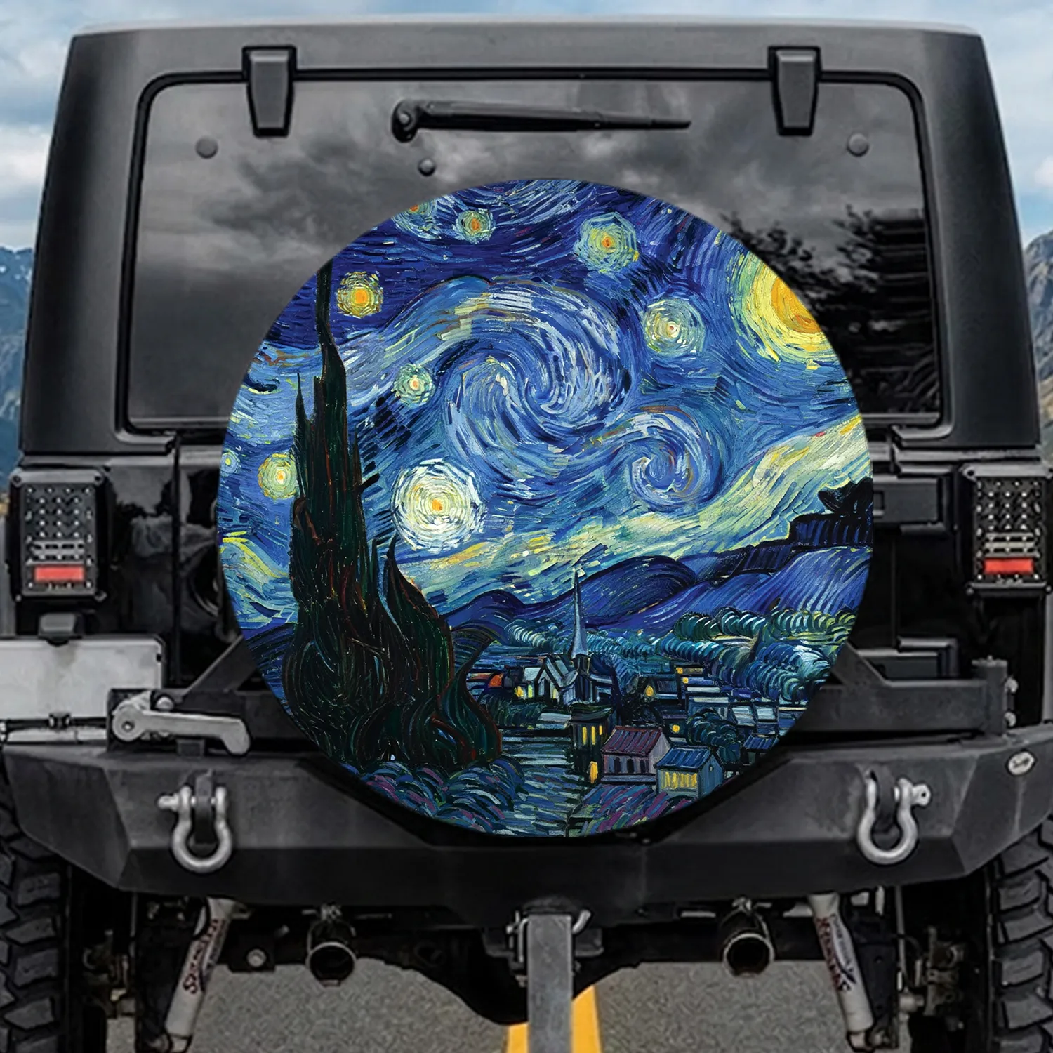Swirling Starry Sky Cypress Tree Village - Home Decor Gift for Art Lover Spare Tire Cover - 1