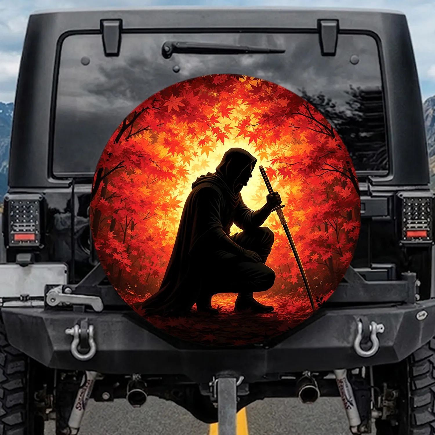 Vigilant Warrior Silhouette Sword Maple Forest - Adventurer Lifestyle Gift Spare Tire Cover - 1