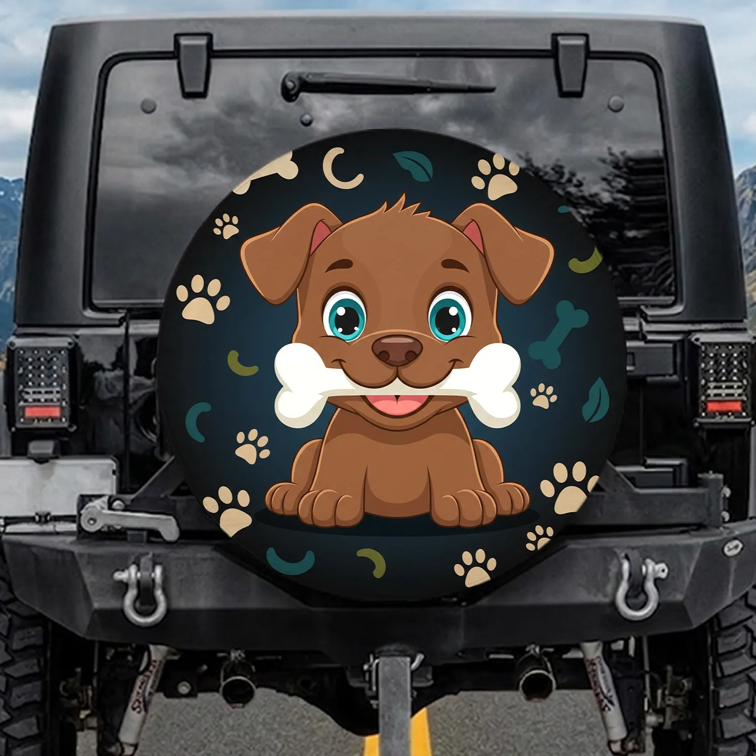 Cheerful Puppy Bone Paw Prints - Vehicle Decor Gift for Dog Lover Spare Tire Cover - 1