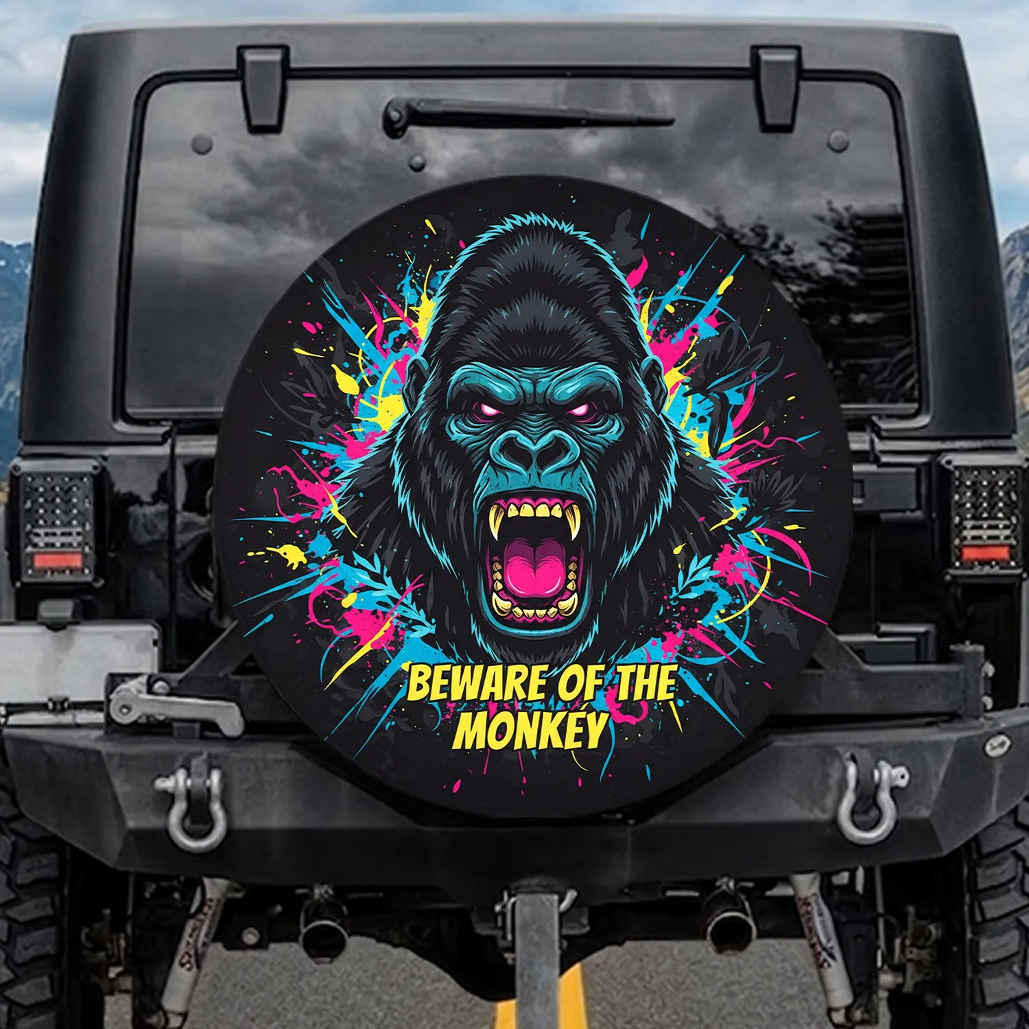 Roaring Gorilla Head Neon Pink Eyes Monkey - Adventure Seeker Vehicle Decor Gift Spare Tire Cover - 1