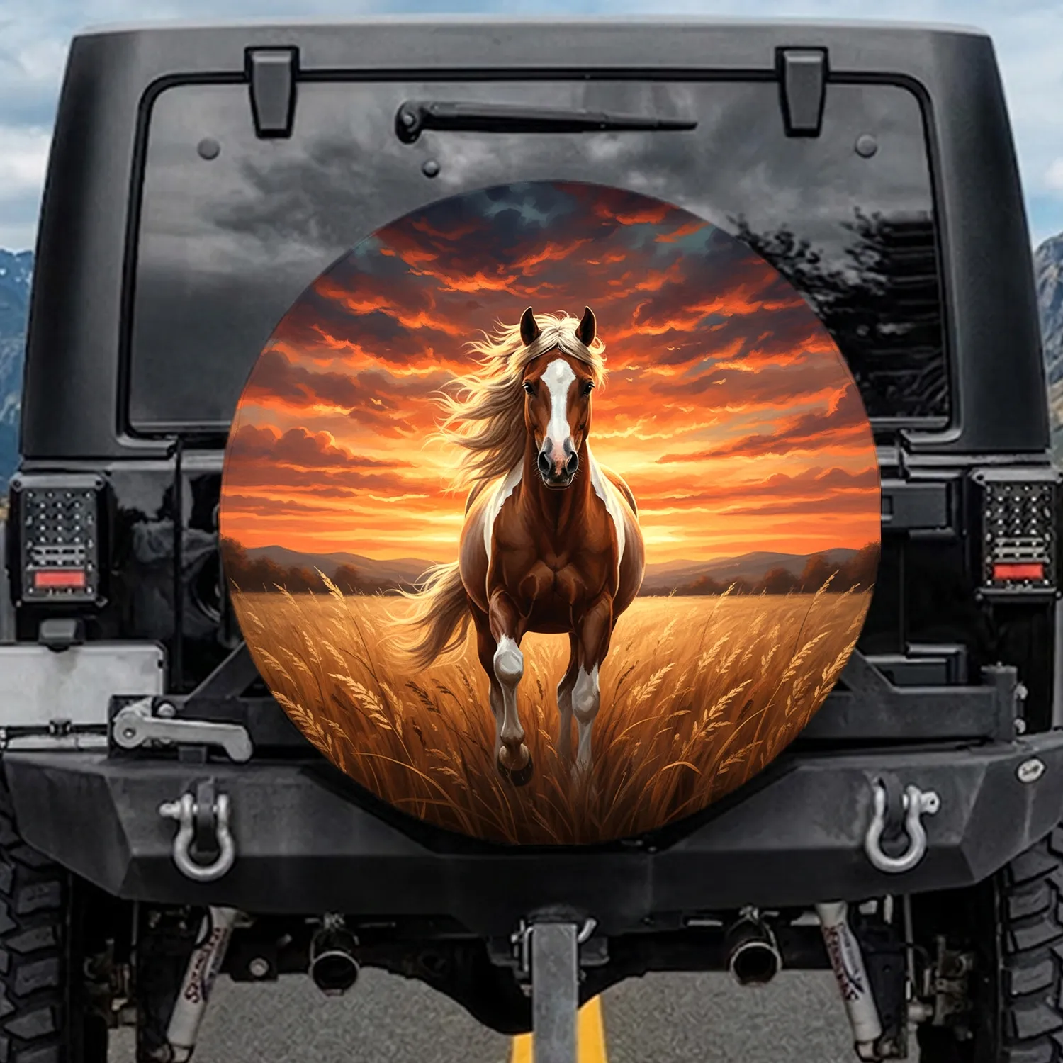 Galloping Horse Sunset Landscape - Wildlife Lover Gift Spare Tire Cover - 1
