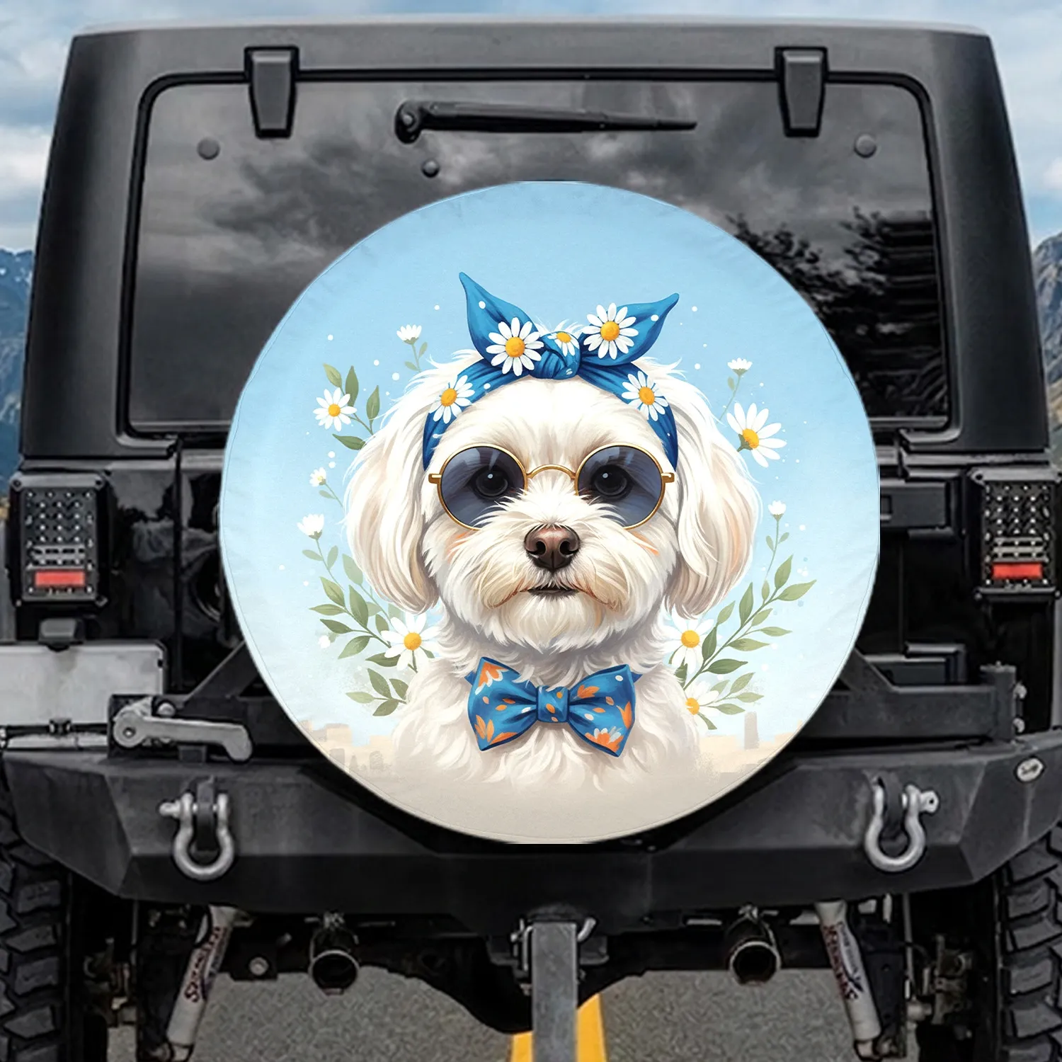 White Maltese Dog Sunglasses Blue Bandana Daisies Bow - Everyday Dog Lover Gift Spare Tire Cover - 1