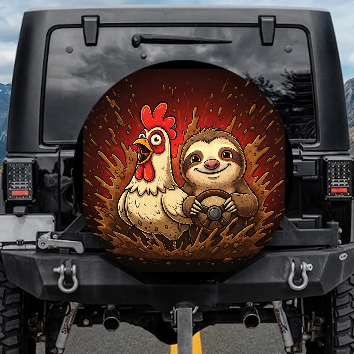 Cartoon Chicken Sloth Steering Wheel Mud Splatters - Off-Road Adventure Gift Spare Tire Cover - 1