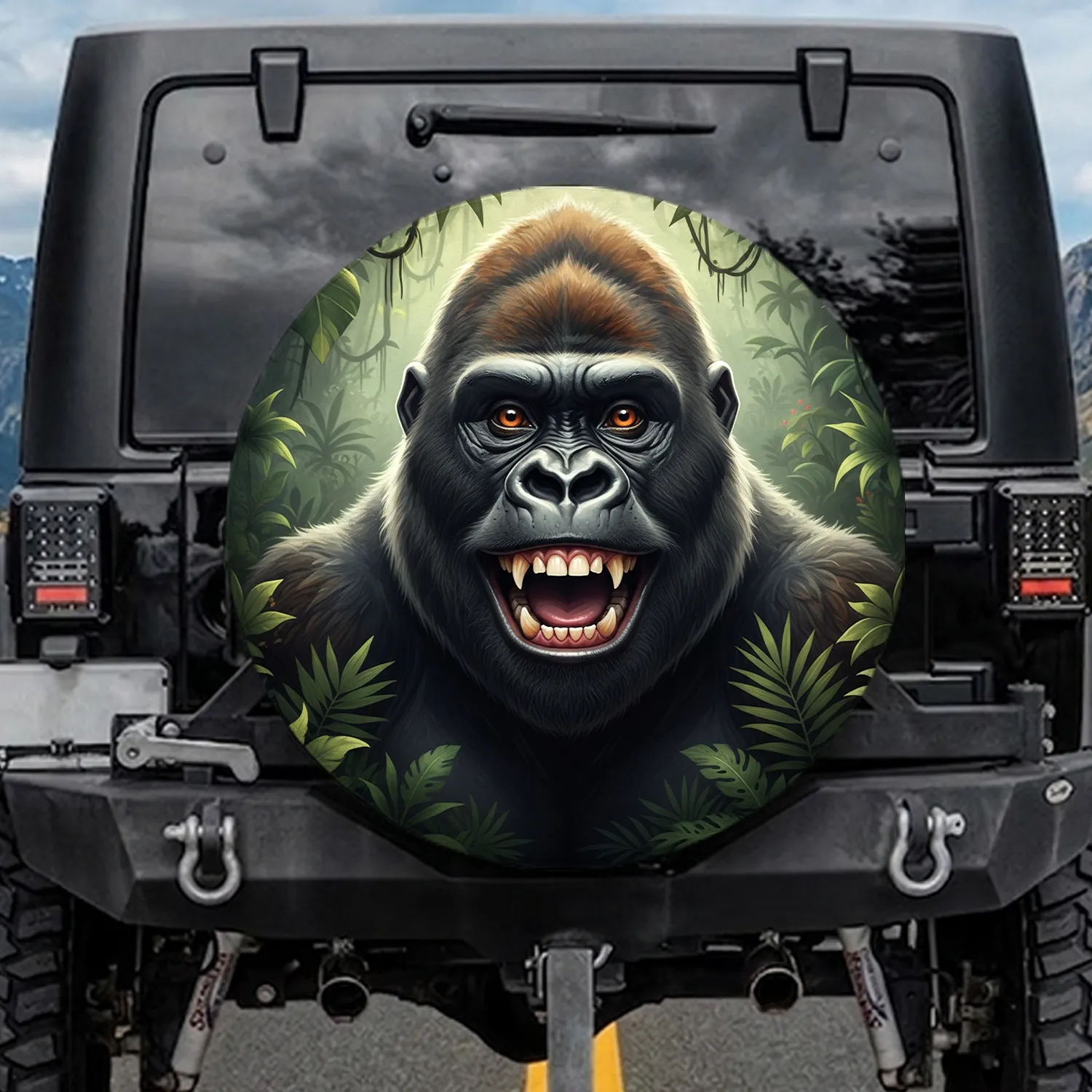 Grinning Gorilla Head Lush Deep Verdant Tropical Jungle Canopy - Wildlife Lover Gift Spare Tire Cover - 1