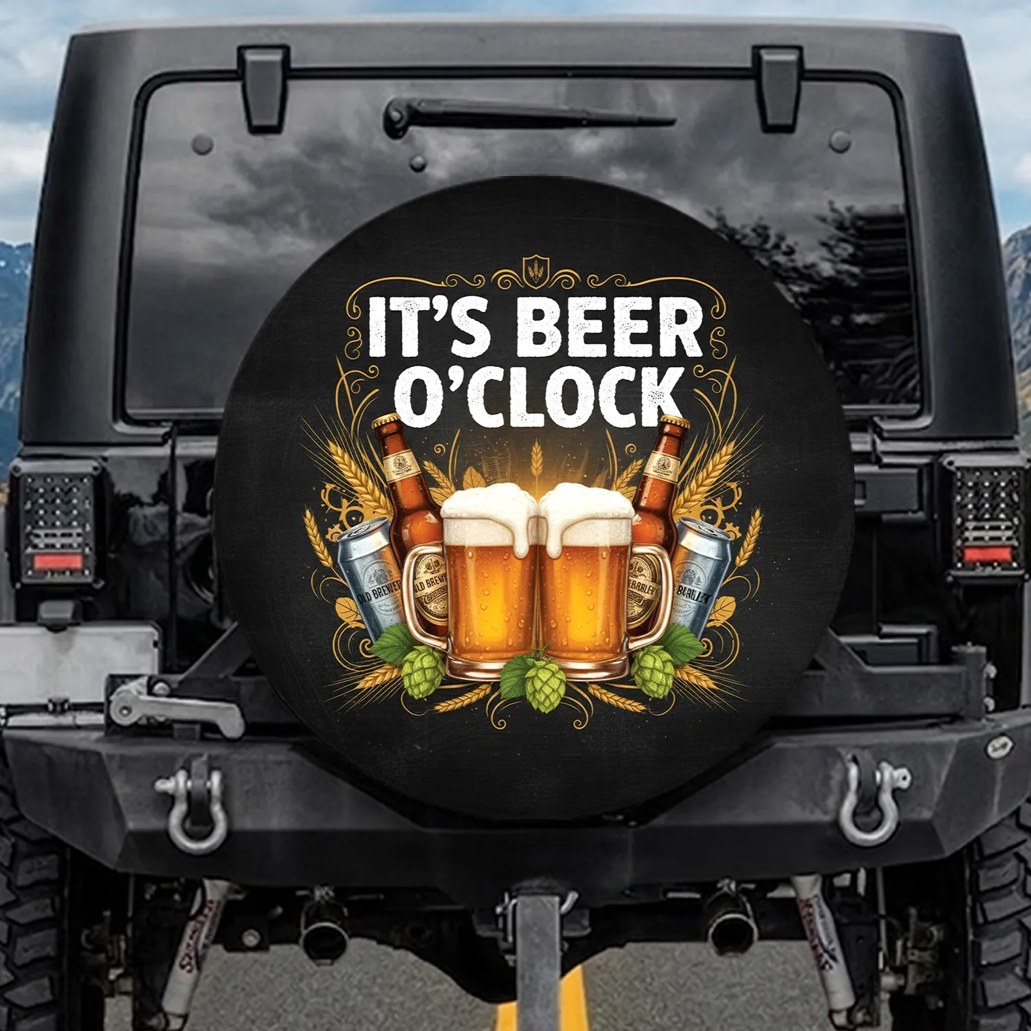 It's Beer O'clock Frothy Mugs Bottles Cans Pub Scene - Man Cave Home Decor Gift Spare Tire Cover - 1