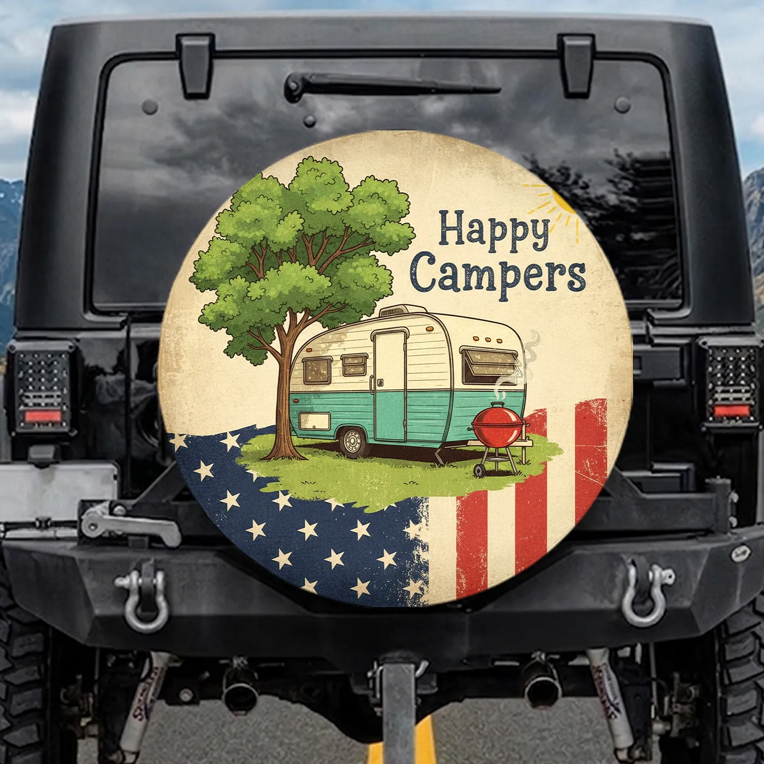 Happy Campers Vintage Travel Trailer Stars Stripes - Patriotic Camping Adventure Spare Tire Cover - 1