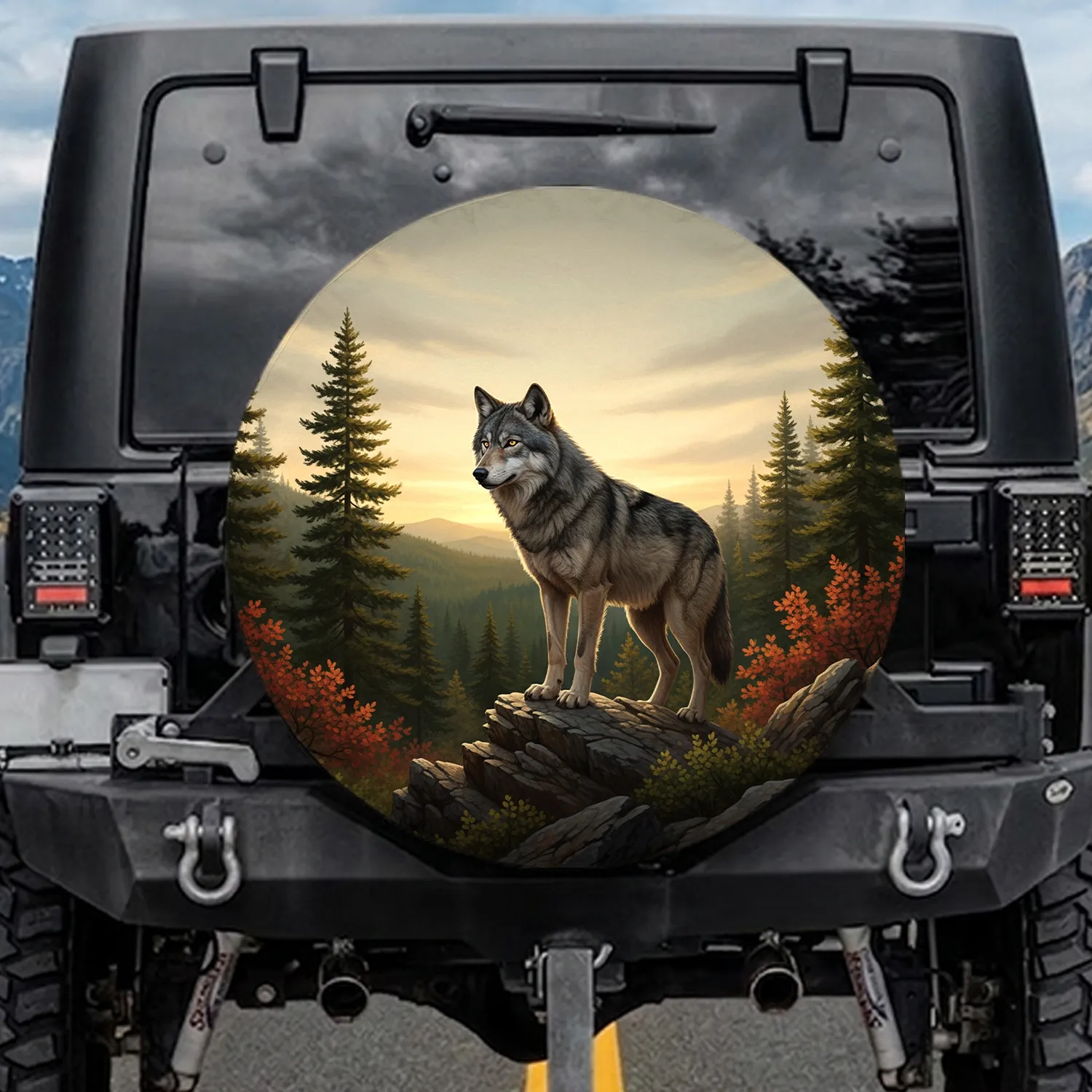 Gray Wolf Rocky Forest Autumn Foliage - Wildlife Lover Gift for Wolf Lovers Spare Tire Cover - 1
