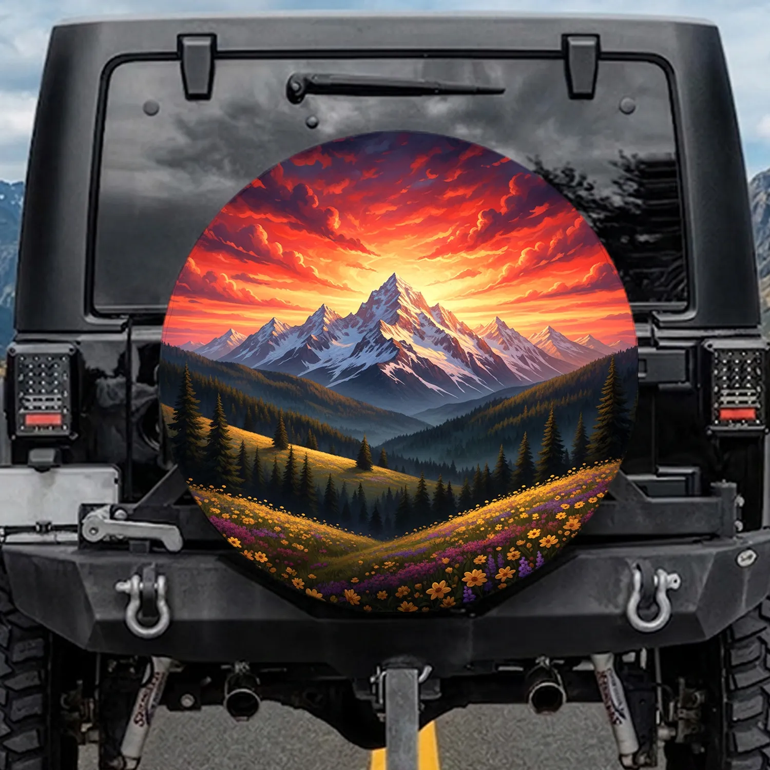 Snow-Capped Mountain Wildflower Sunset - Adventure Lover Gift Spare Tire Cover - 1