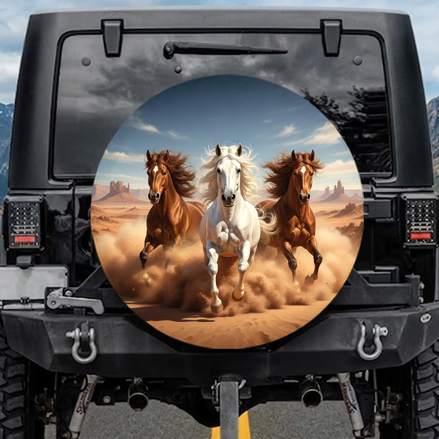 Three Galloping Horses Desert Sand - Wildlife Lover Gift for Horse Lover Spare Tire Cover - 1