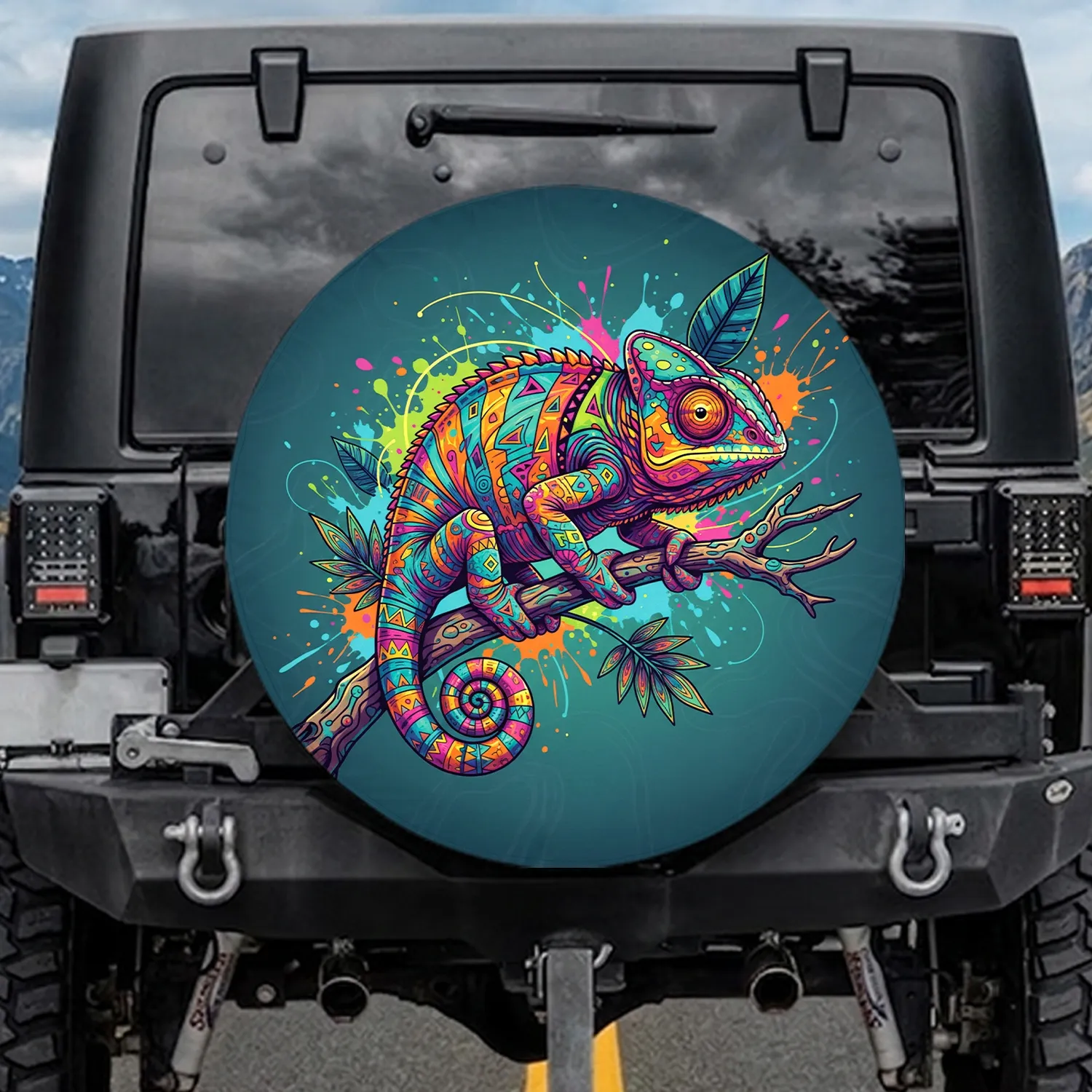 Pop Art Chameleon Tropical Leaves Branch - Wildlife Lover Home Decor Gift Spare Tire Cover - 1