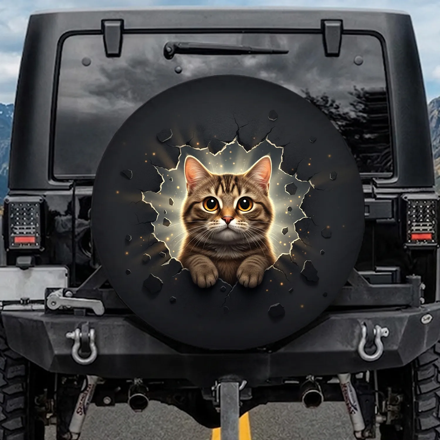 Curious Wide-Eyed Tabby Cat, Luminous Amber Eyes, Torn Dark Background - Cat Lover Gift Spare Tire Cover - 1