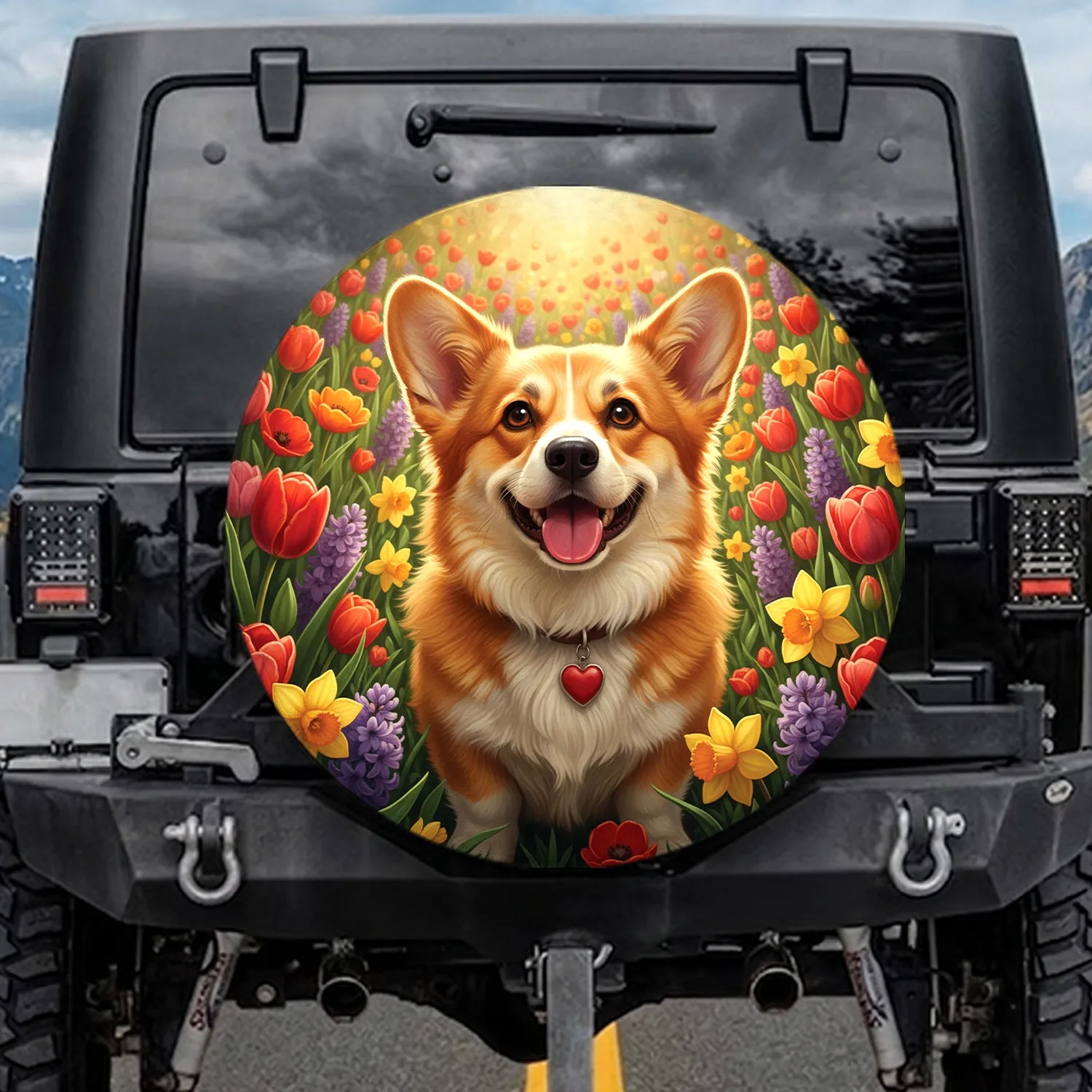 Joyful Fluffy Pembroke Corgi Heart Tag Tulip Field - Spring Dog Lover Gift Spare Tire Cover - 1